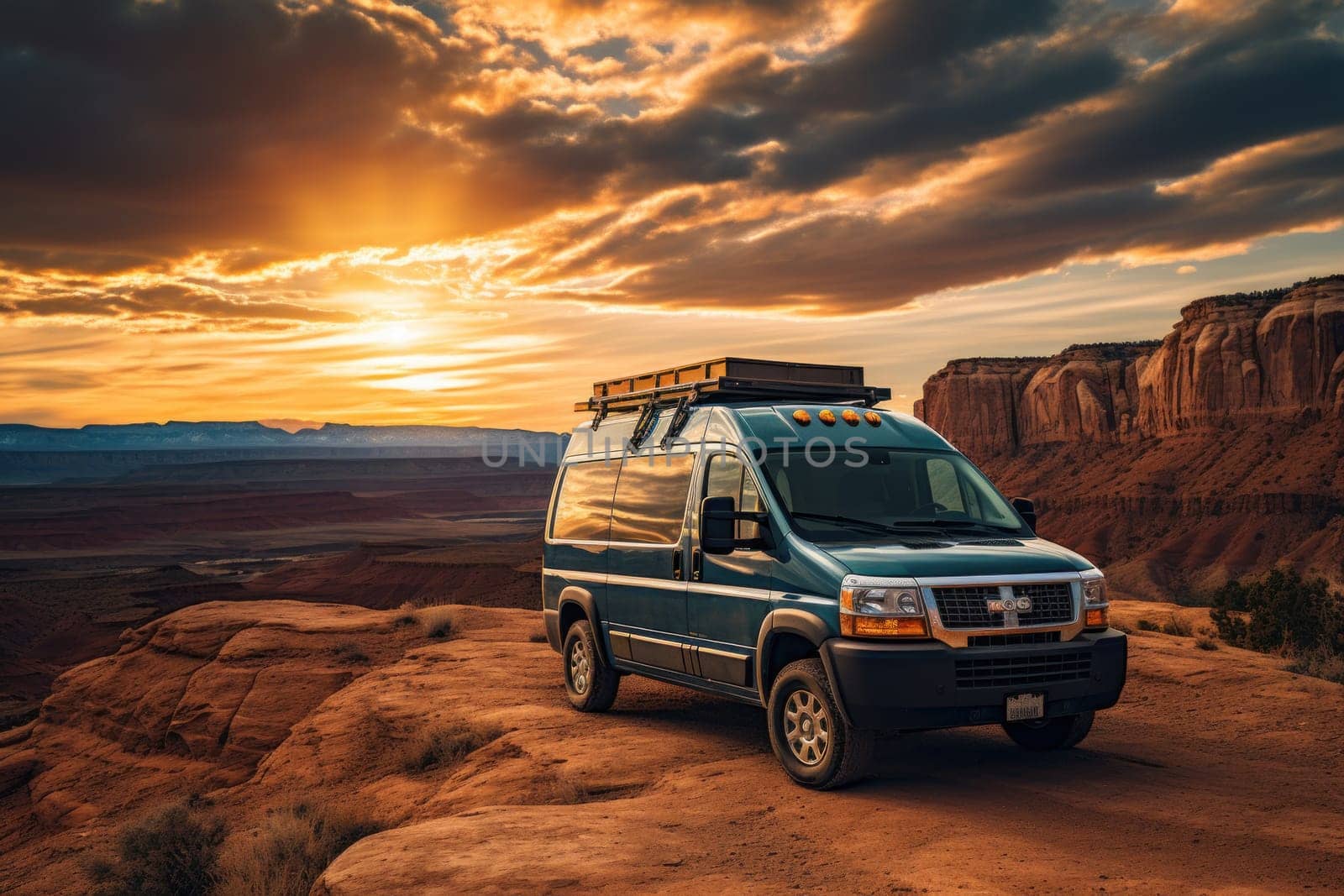 Aerial view, camper van and view of Mountain.