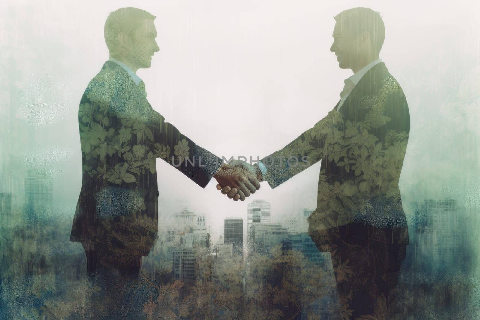 Double exposure on business people closing a deal with a handshake by nijieimu