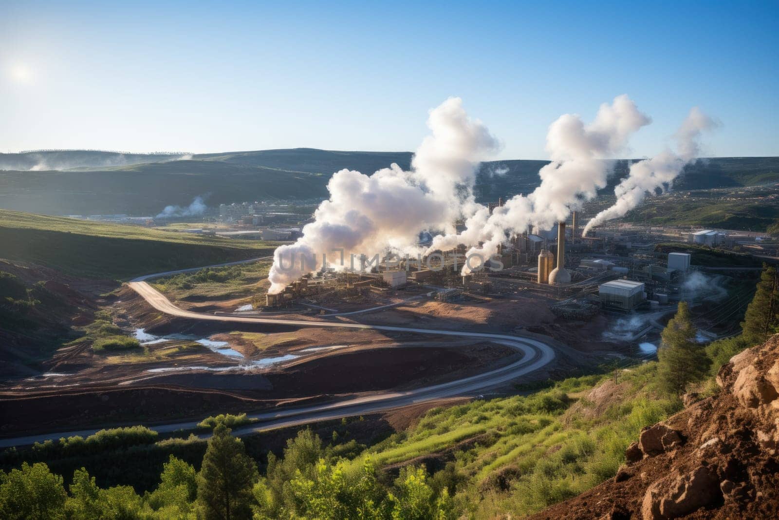 Steam rising from geothermal power plants built near natural hot springs.