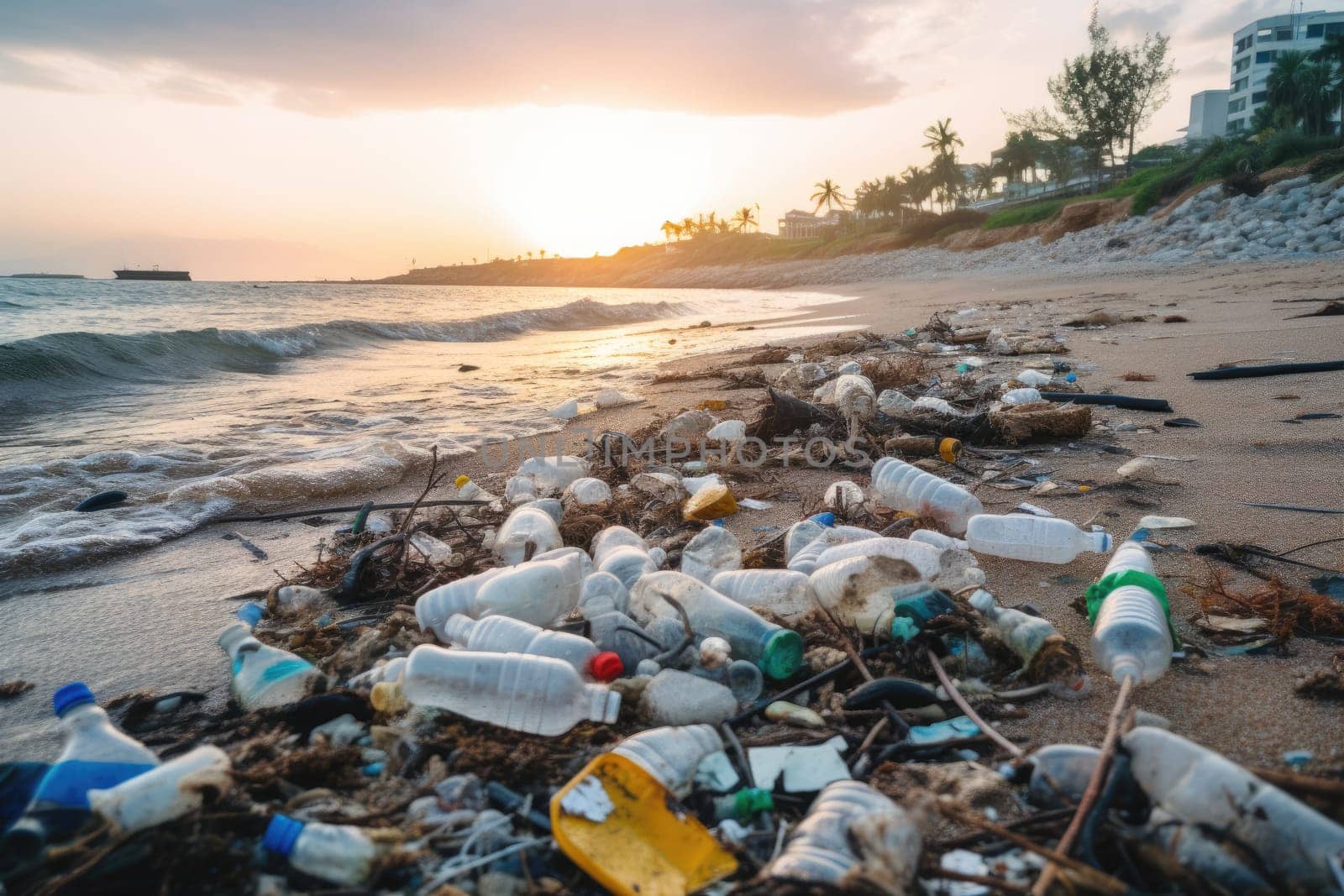 Shoreline tainted by plastic waste. Polluted beach with garbage.