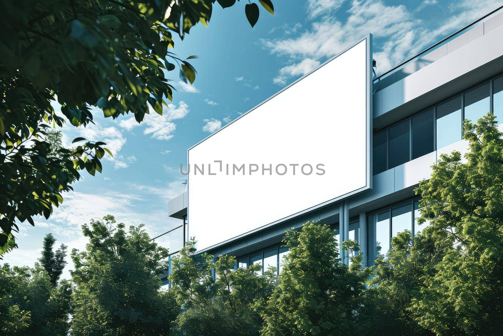 An empty huge poster mockup on the roof of a mall, blank mockup of an outdoor info banner.