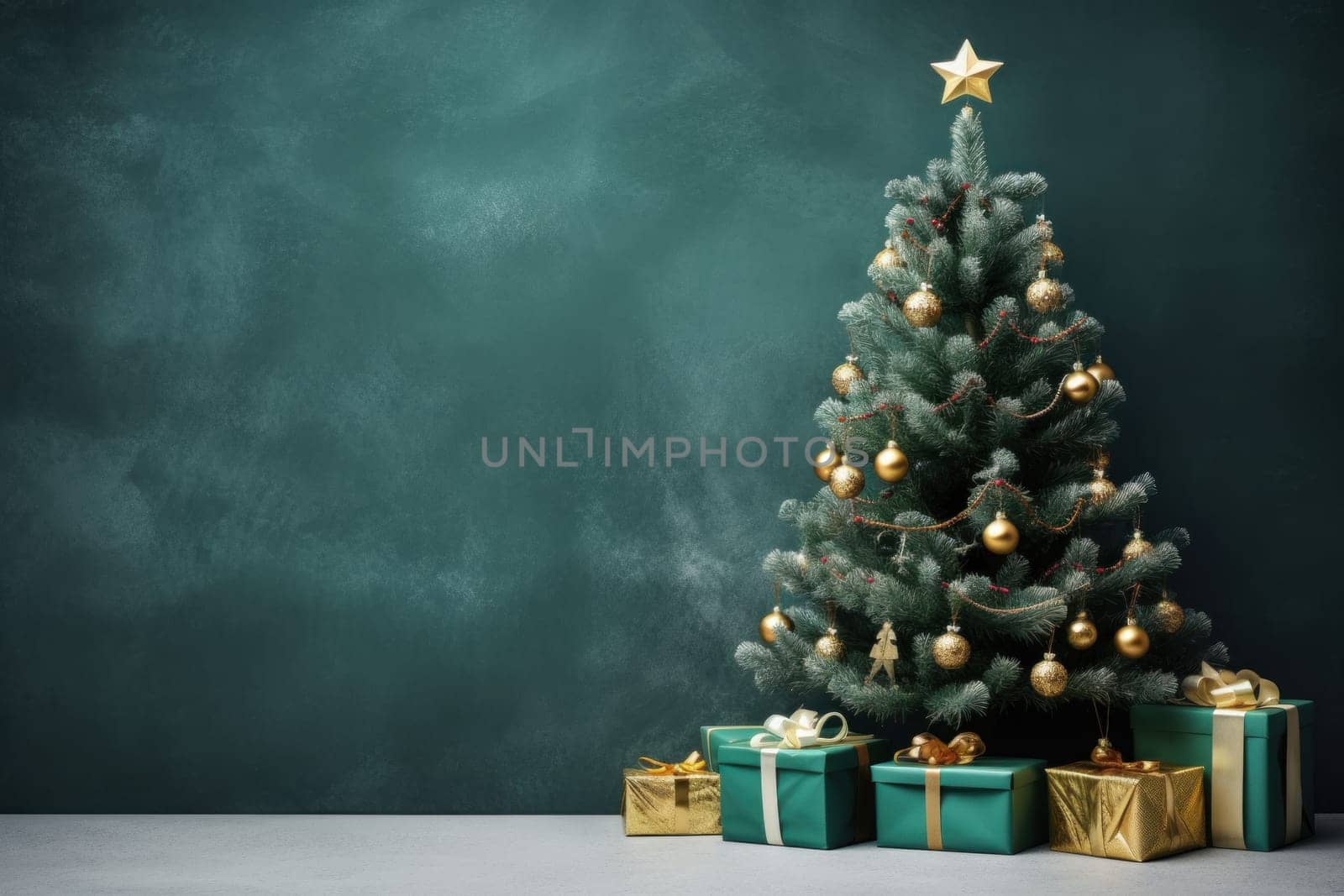 Christmas Tree Winter with Gift Boxes green Background for advertising by nijieimu