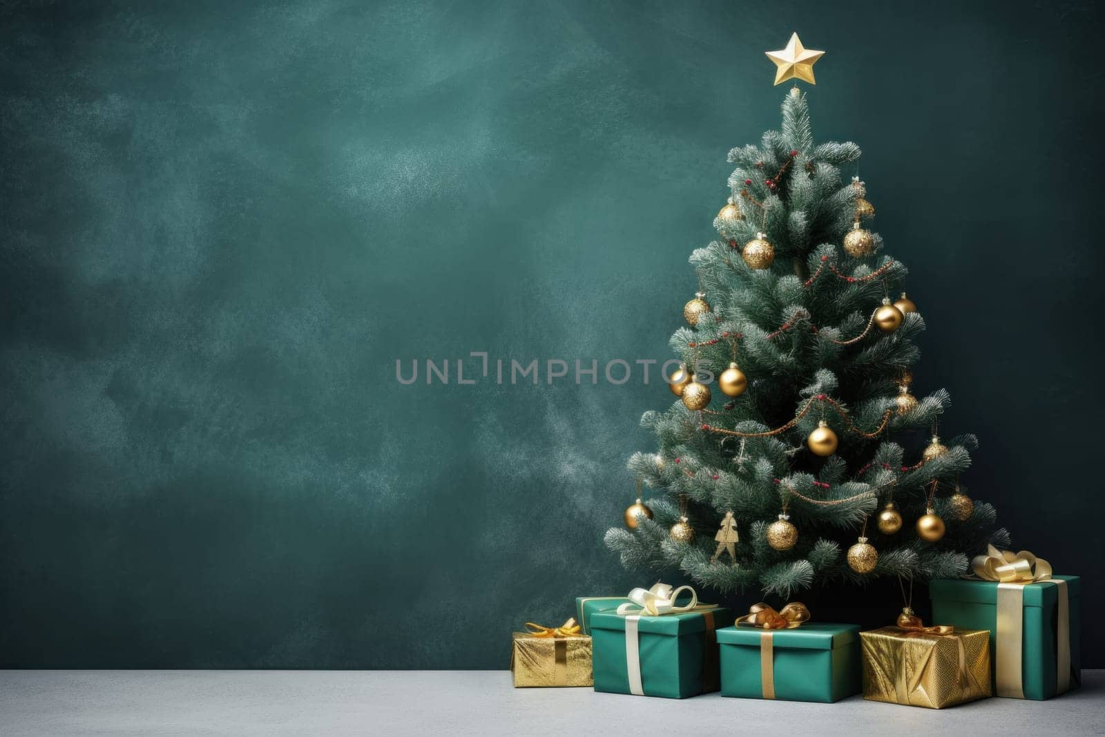 Christmas Tree Winter with Gift Boxes green Background for advertising.