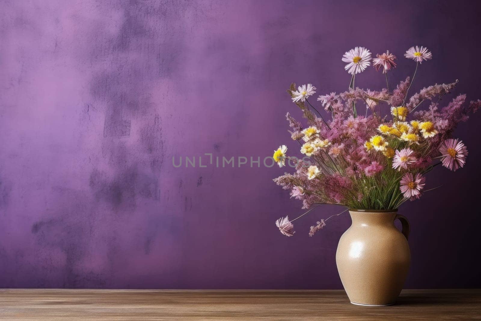 Vase of wildflowers on wooden table and pastel wall texture background.