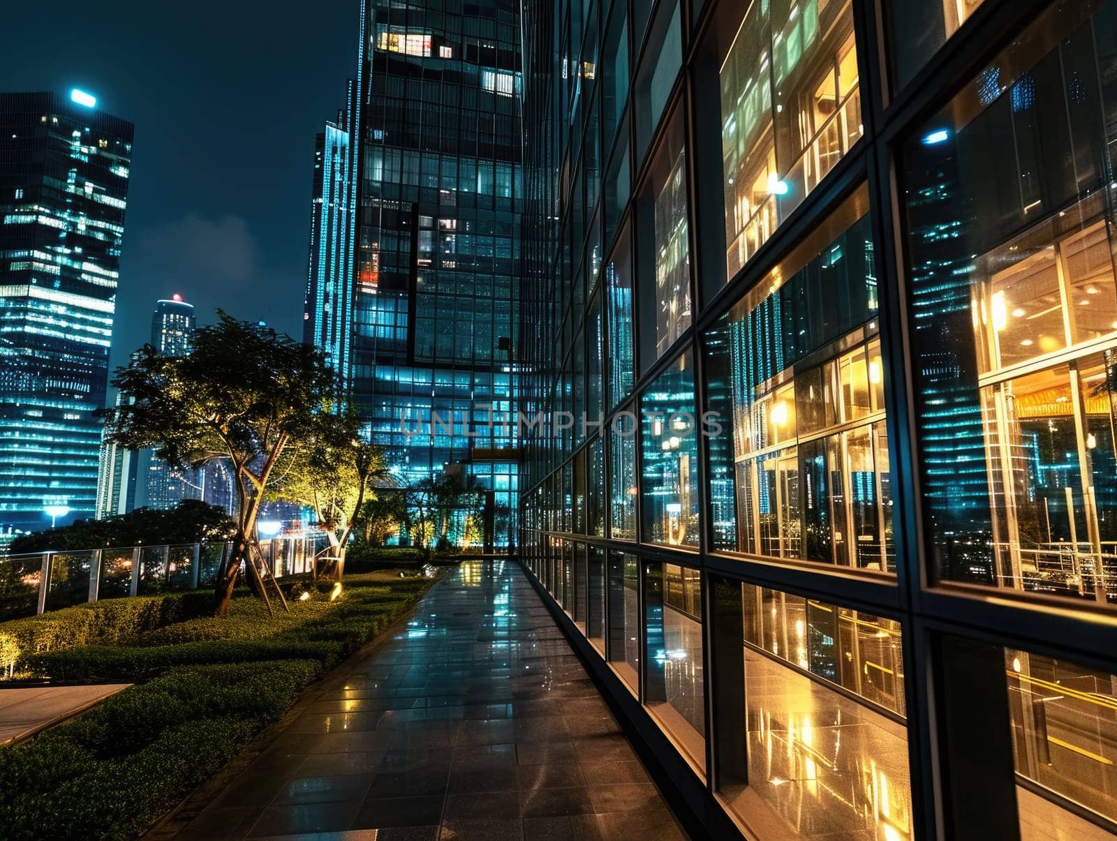 Business building city night view, Modern Office Building Illuminated at Night.