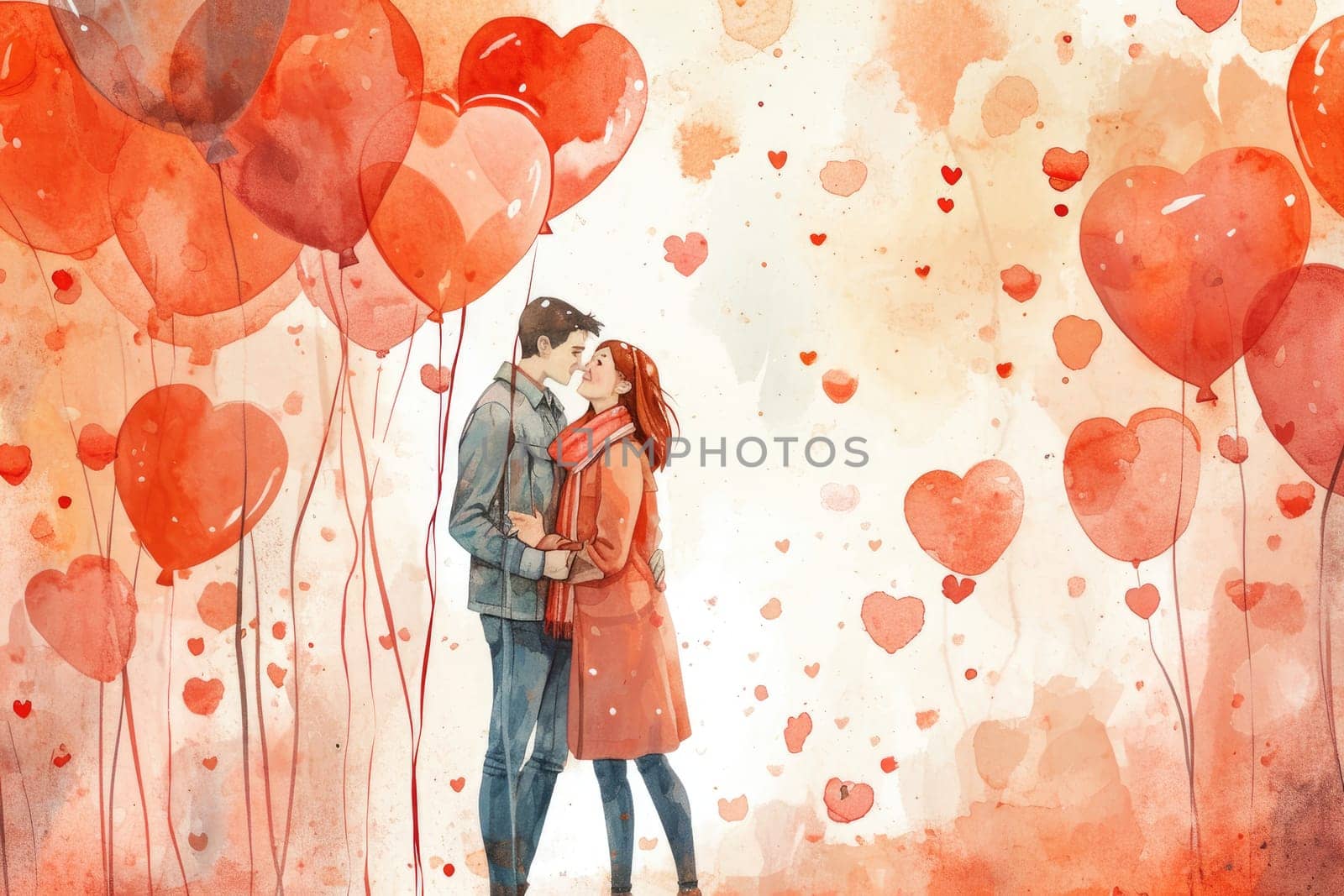 Valentine's Day banner with a watercolor style backdrop with adorable couples and heart balloons.