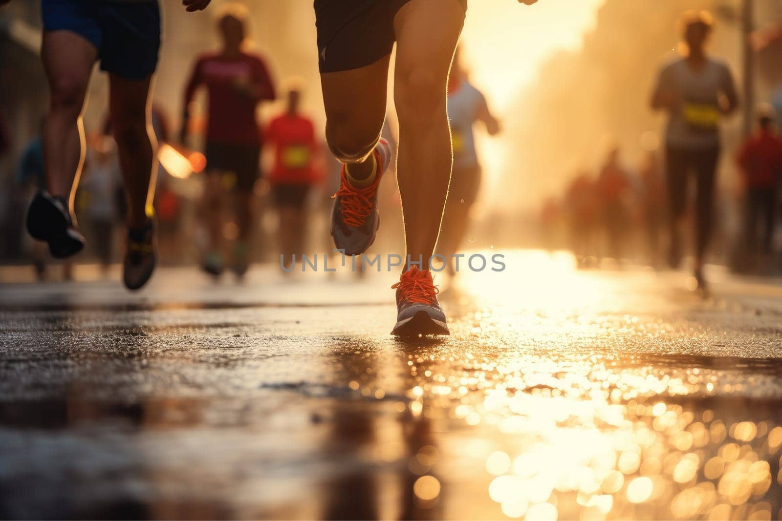 Marathon running in the light of evening, running on city road detail on legs, Athletes.