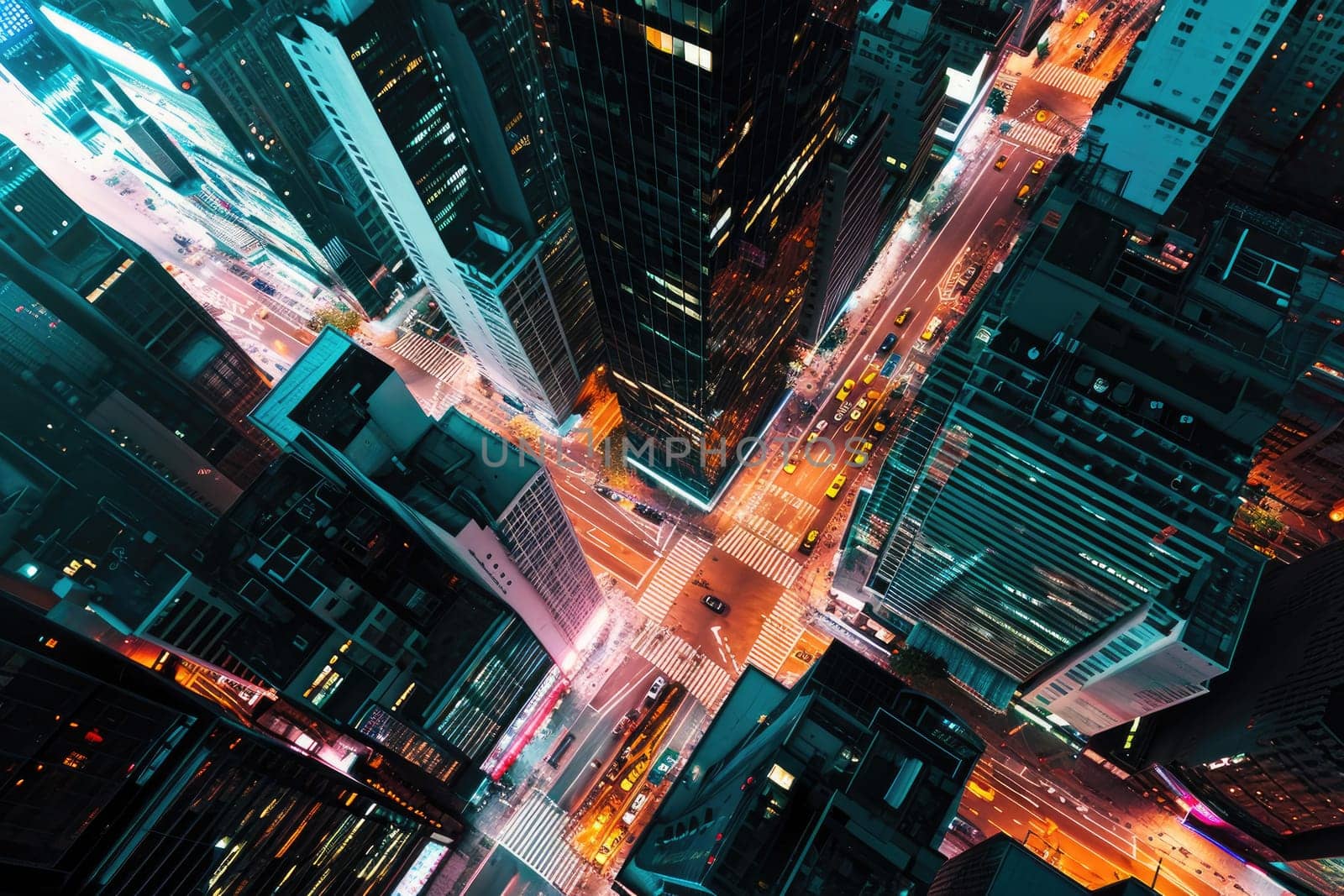 Aerial view of a city street at night time, long exposure of the car lights.