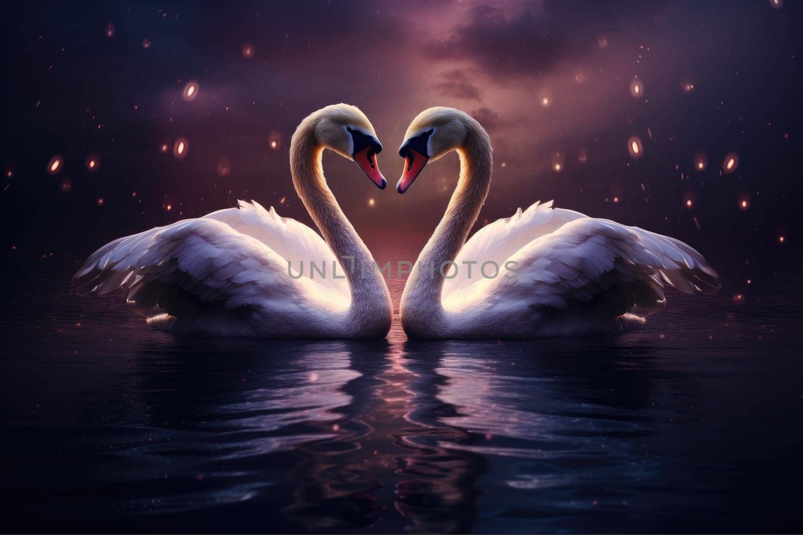 two beautiful swans on a lake shape heart, romantic swan during valentine's day, AI Generative by nijieimu