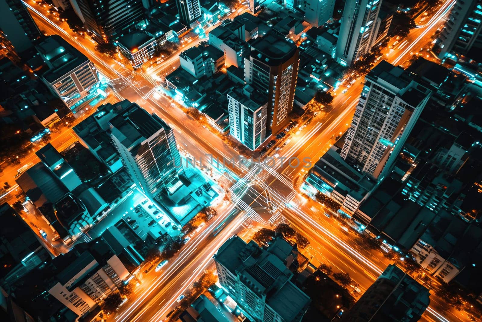 Aerial view of a city street at night time, long exposure of the car lights.