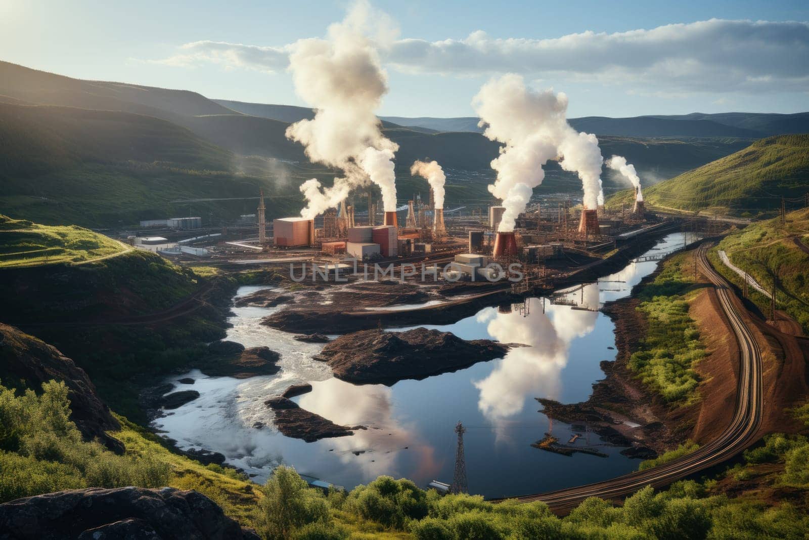 Steam rising from geothermal power plants built near natural hot springs.