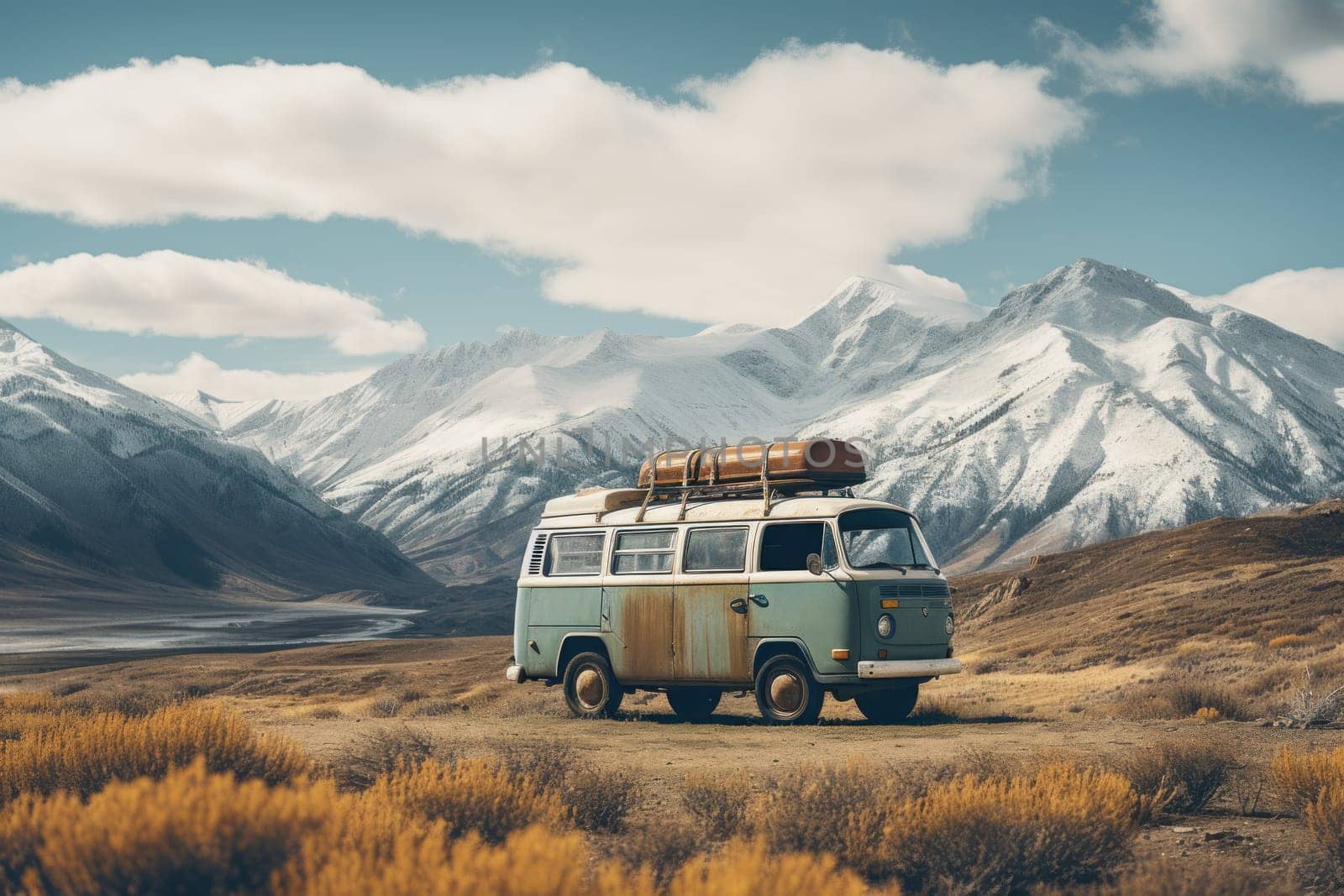 Aerial view, camper van and view of Mountain by nijieimu