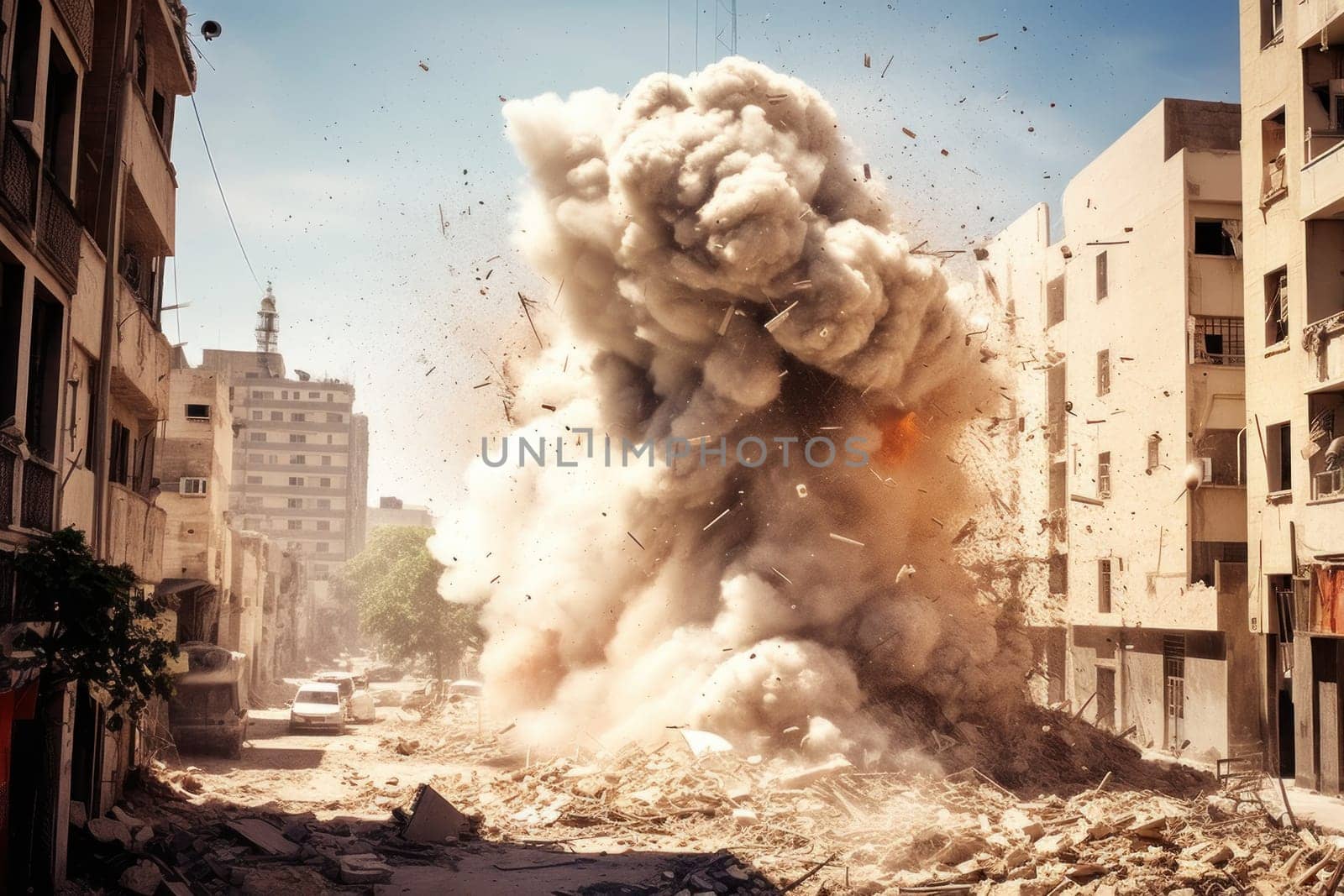 photorealistic image of a bomb explosion in a realistic war zone by nijieimu