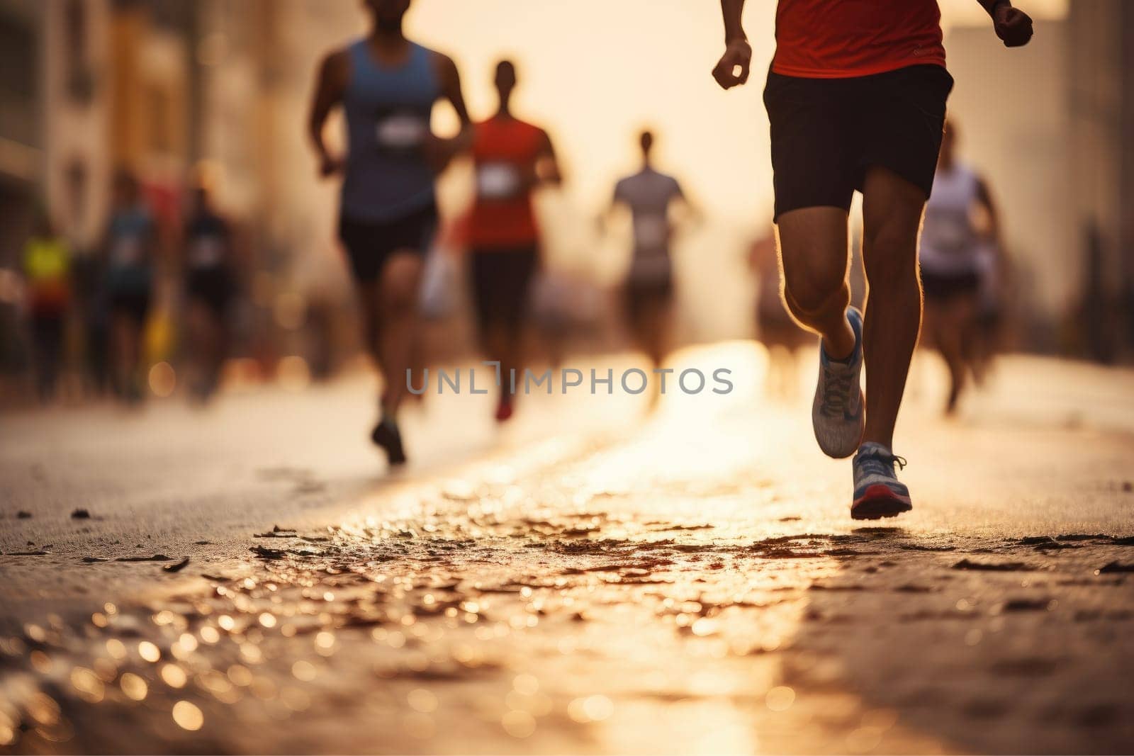 Marathon running in the light of evening, running on city road detail on legs, Athletes.