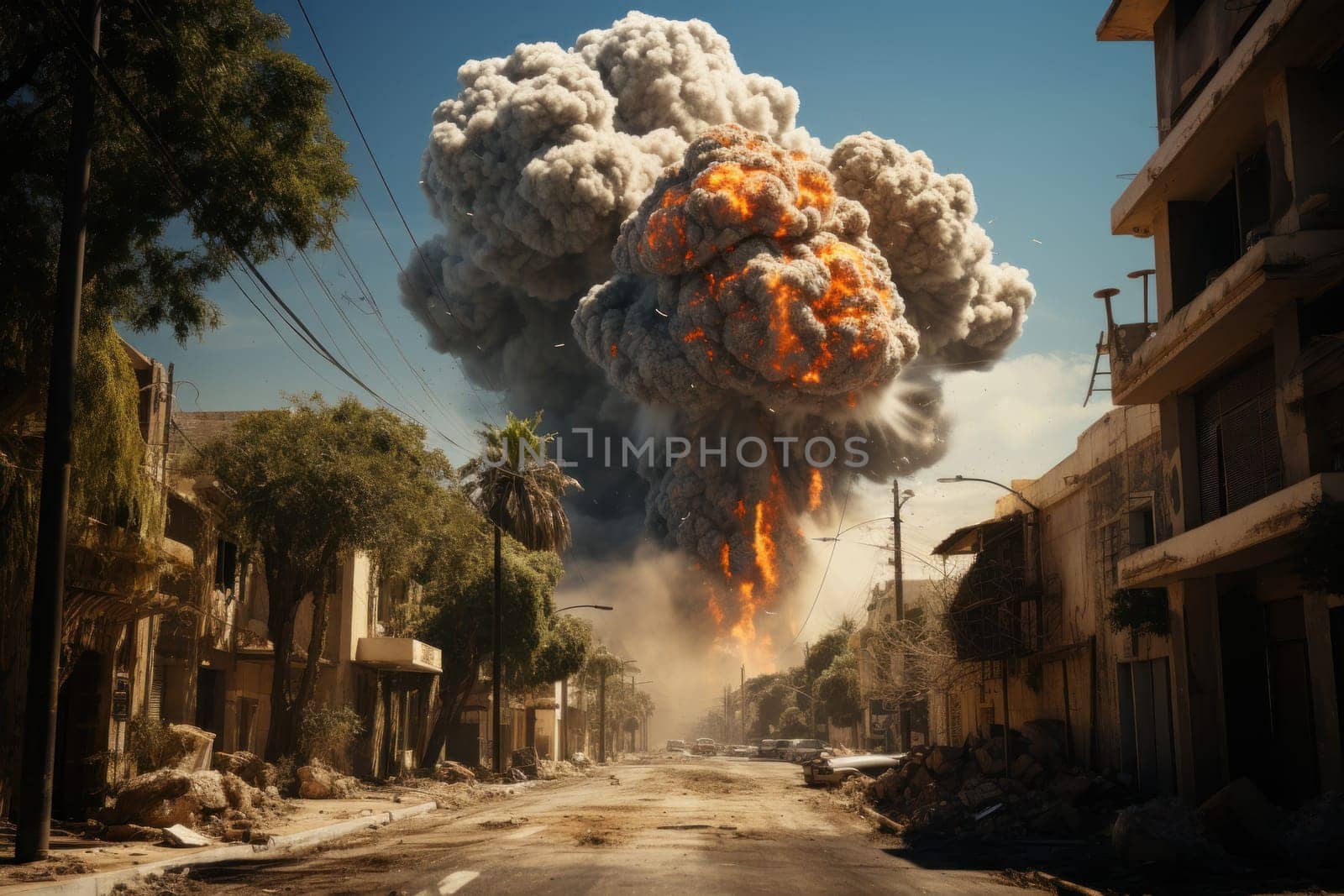 photorealistic image of a bomb explosion in a realistic war zone by nijieimu