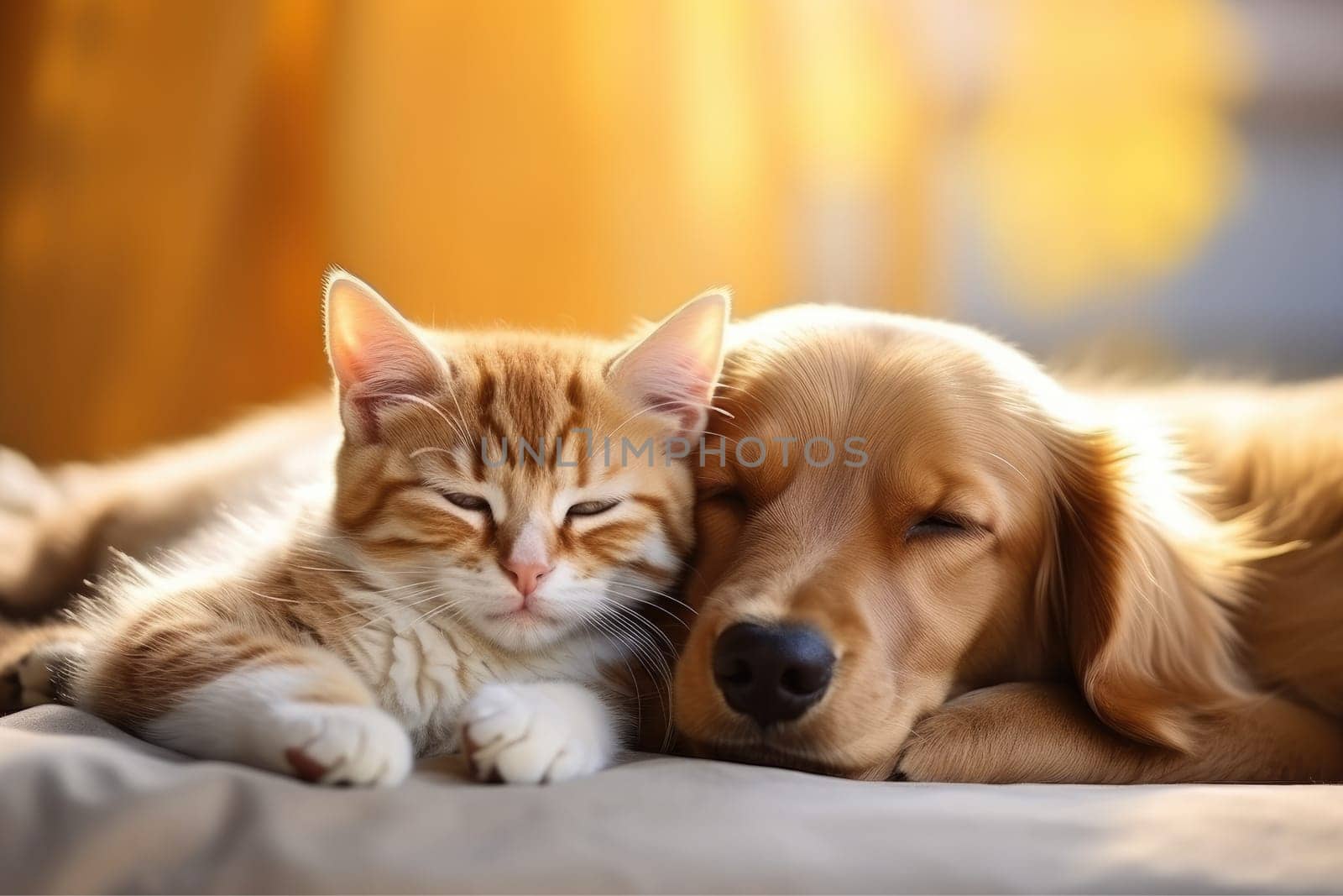 Puppy and kitten, Close up cat and dog together lying Generative AI.