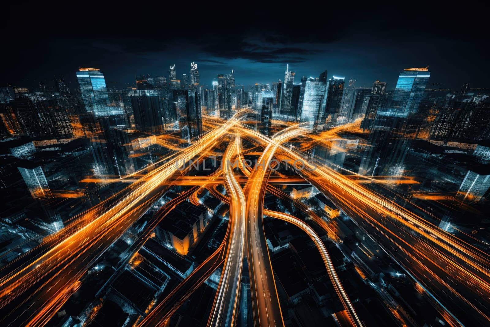 Aerial view of a city street at night time, long exposure of the car lights.