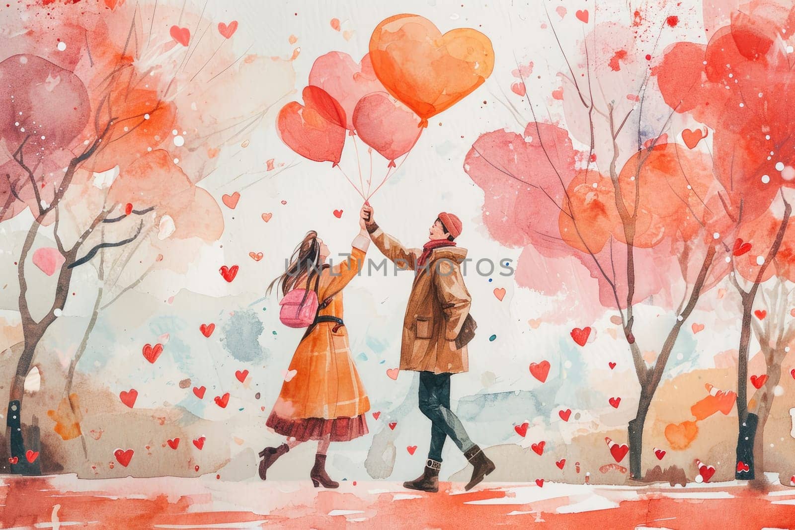 Valentine's Day banner with a watercolor style backdrop with adorable couples and heart balloons.