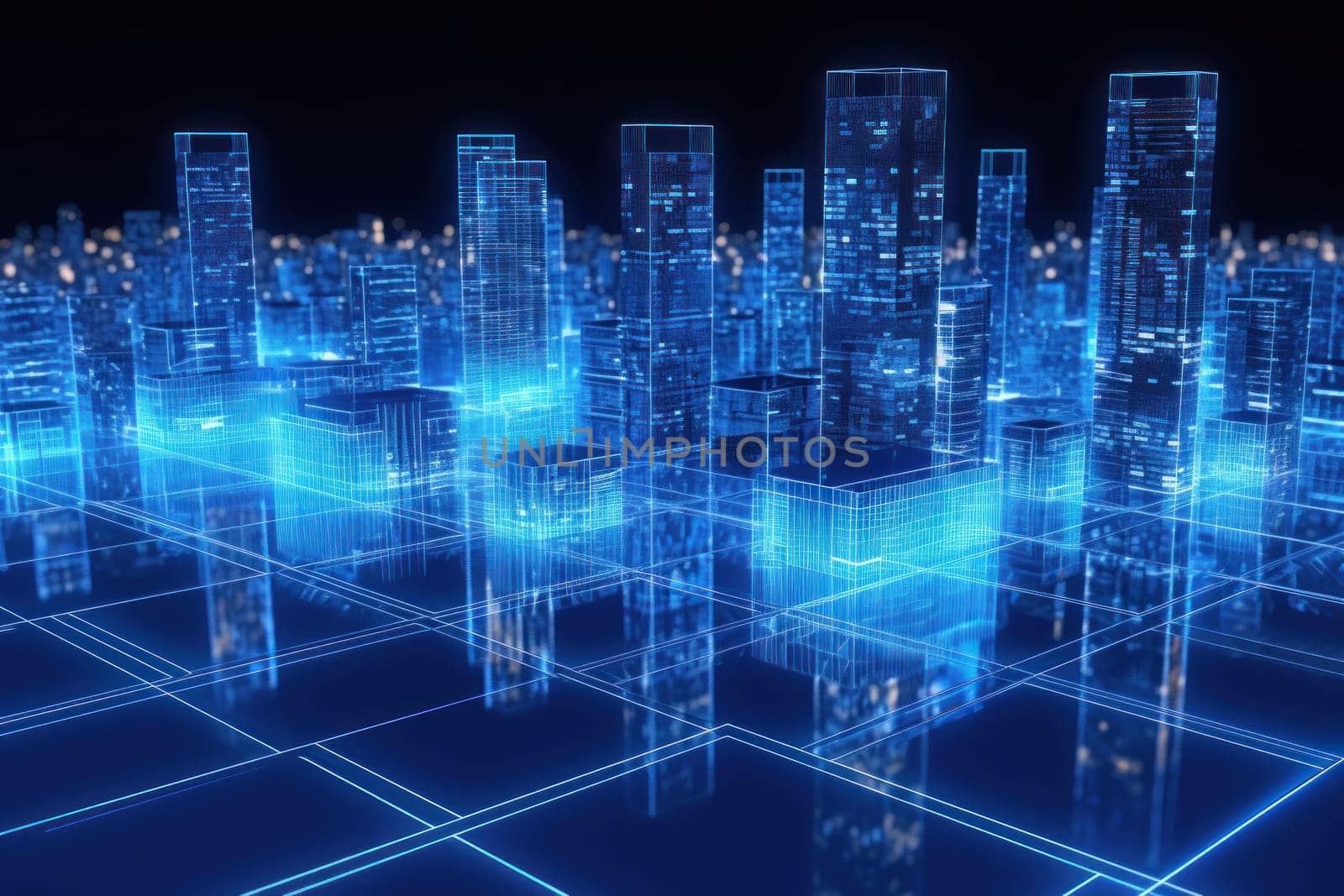 picture of modern city buildings with a blue light, in the style of data visualization by nijieimu