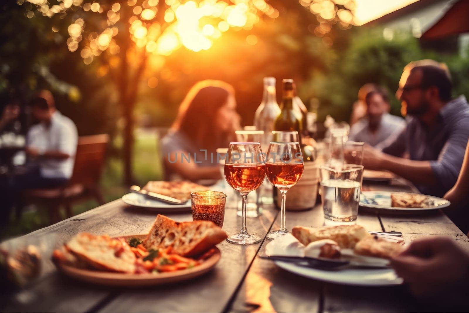 Happy friends having fun outdoor. Group of friends having backyard dinner party together.
