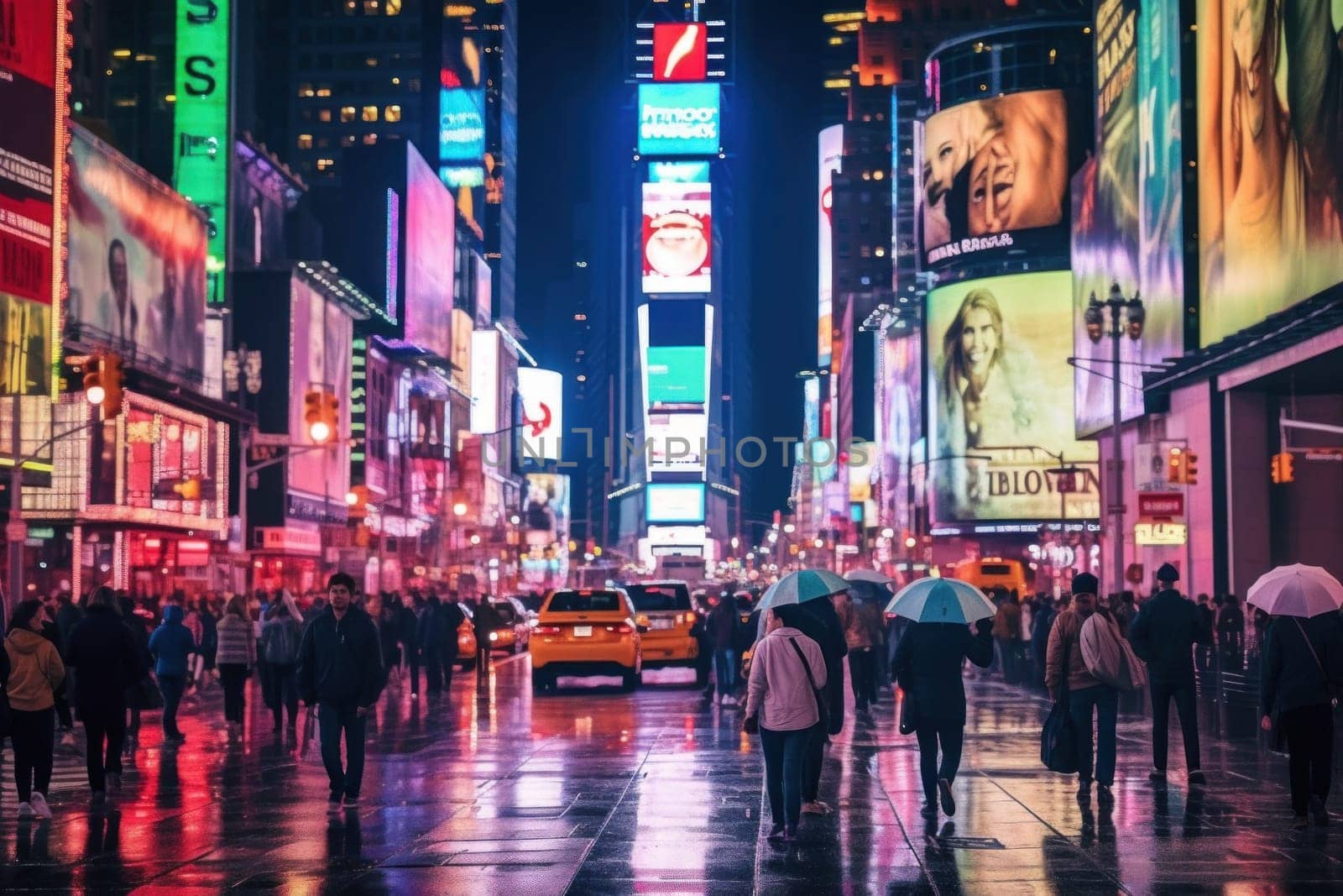 Photo of A lively street scene in Times Square.