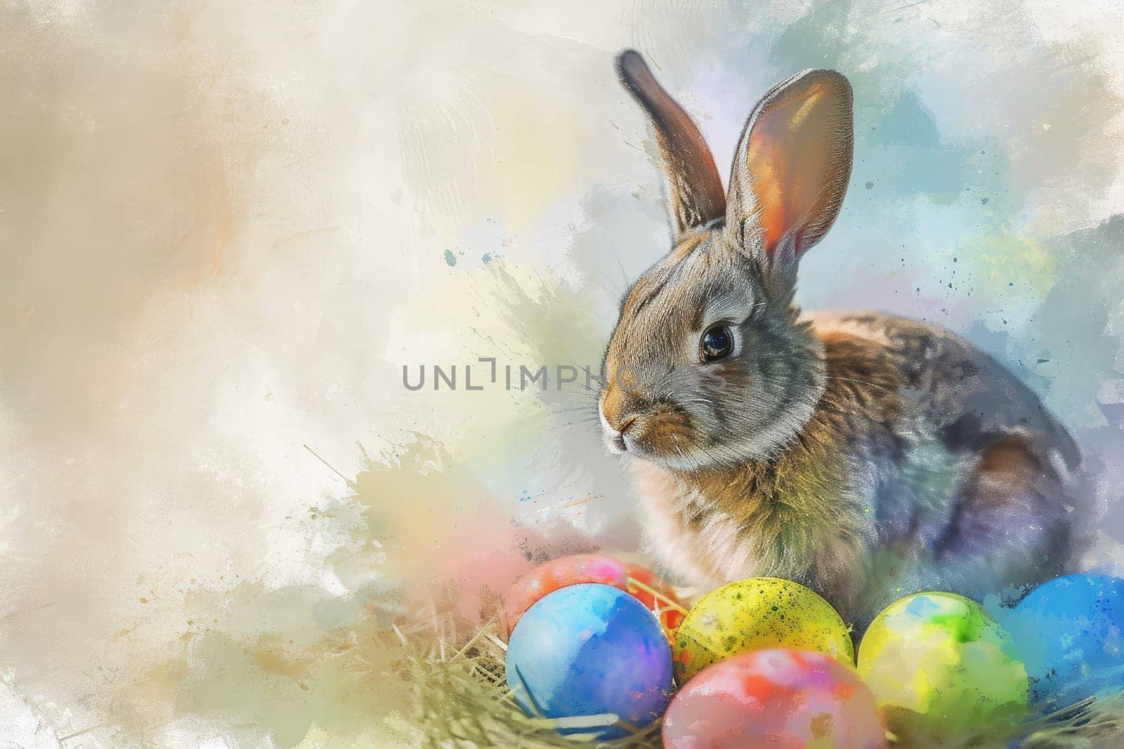Adorable Easter Bunny With Easter Eggs, colorful Easter eggs, banner and wallpaper, watercolor.