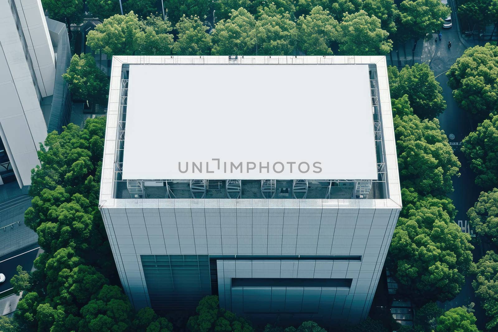 An empty huge poster mockup on the roof of a mall, blank mockup of an outdoor info banner.