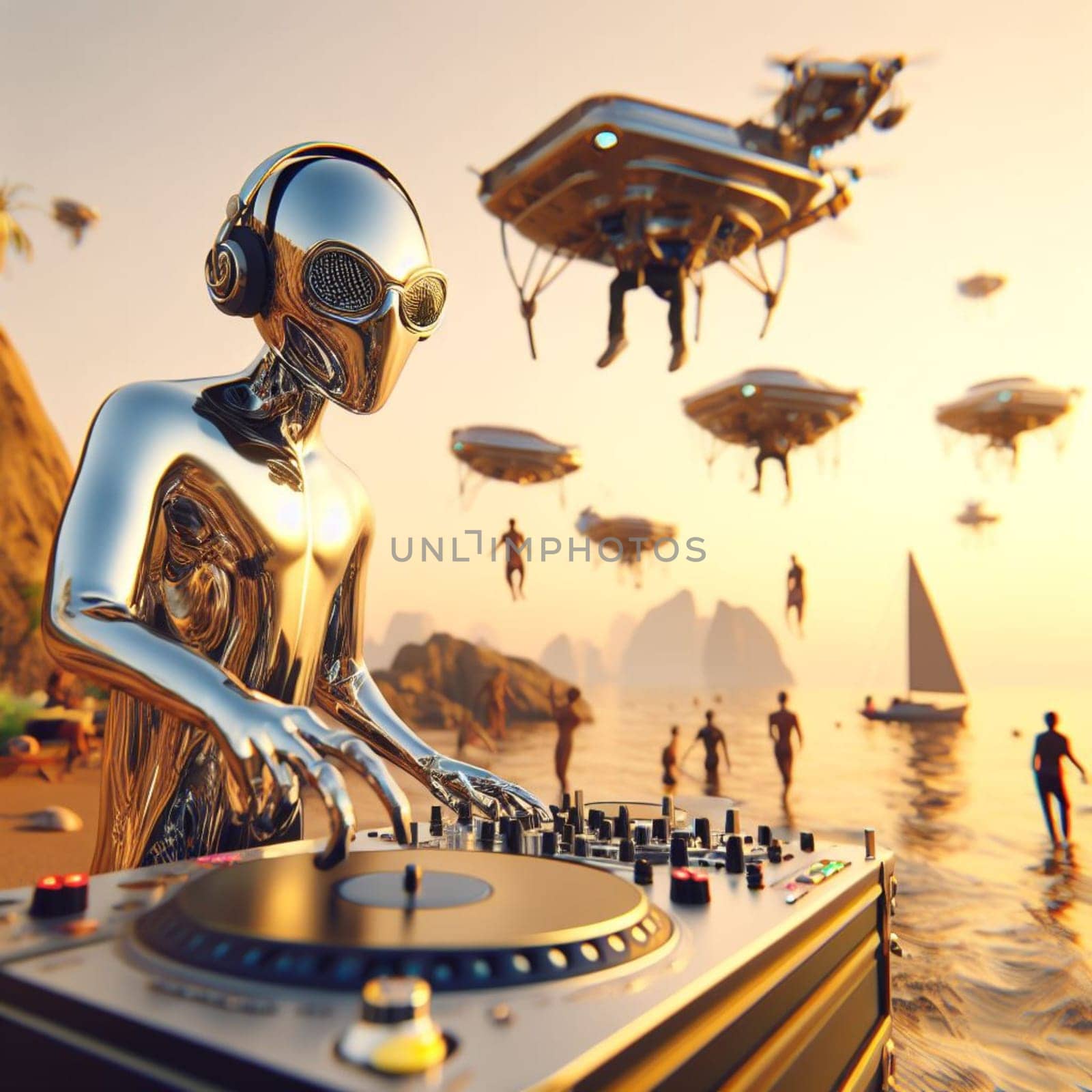 metallic alien deejay, hosting a crowded beach party in tropical island at sunset generative ai art