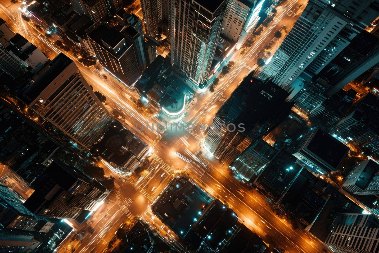 Aerial view of a city street at night time, long exposure of the car lights.