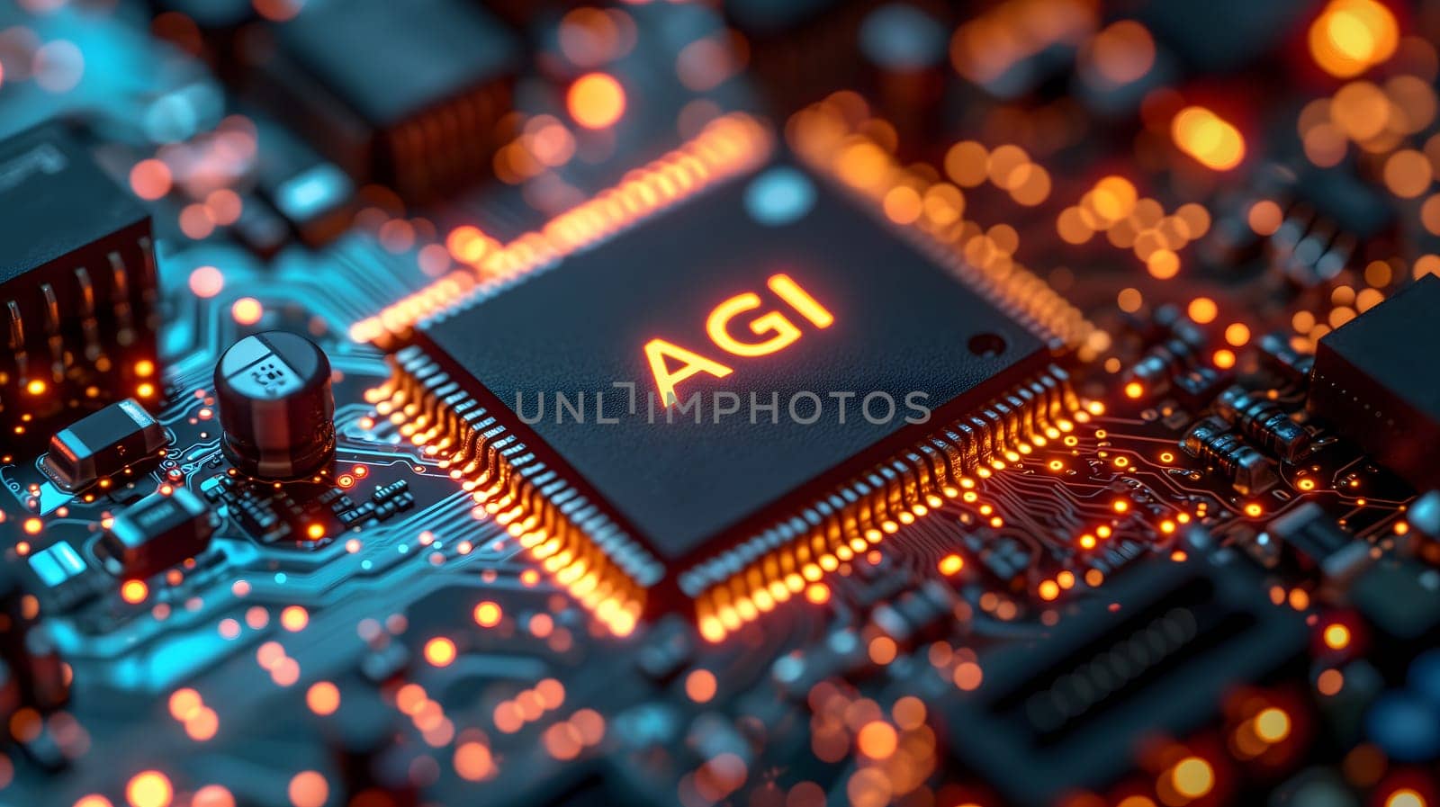 AGI - artificial general intelligence - microchip on black circuit board with orange glow, dedicated AI hardware concept