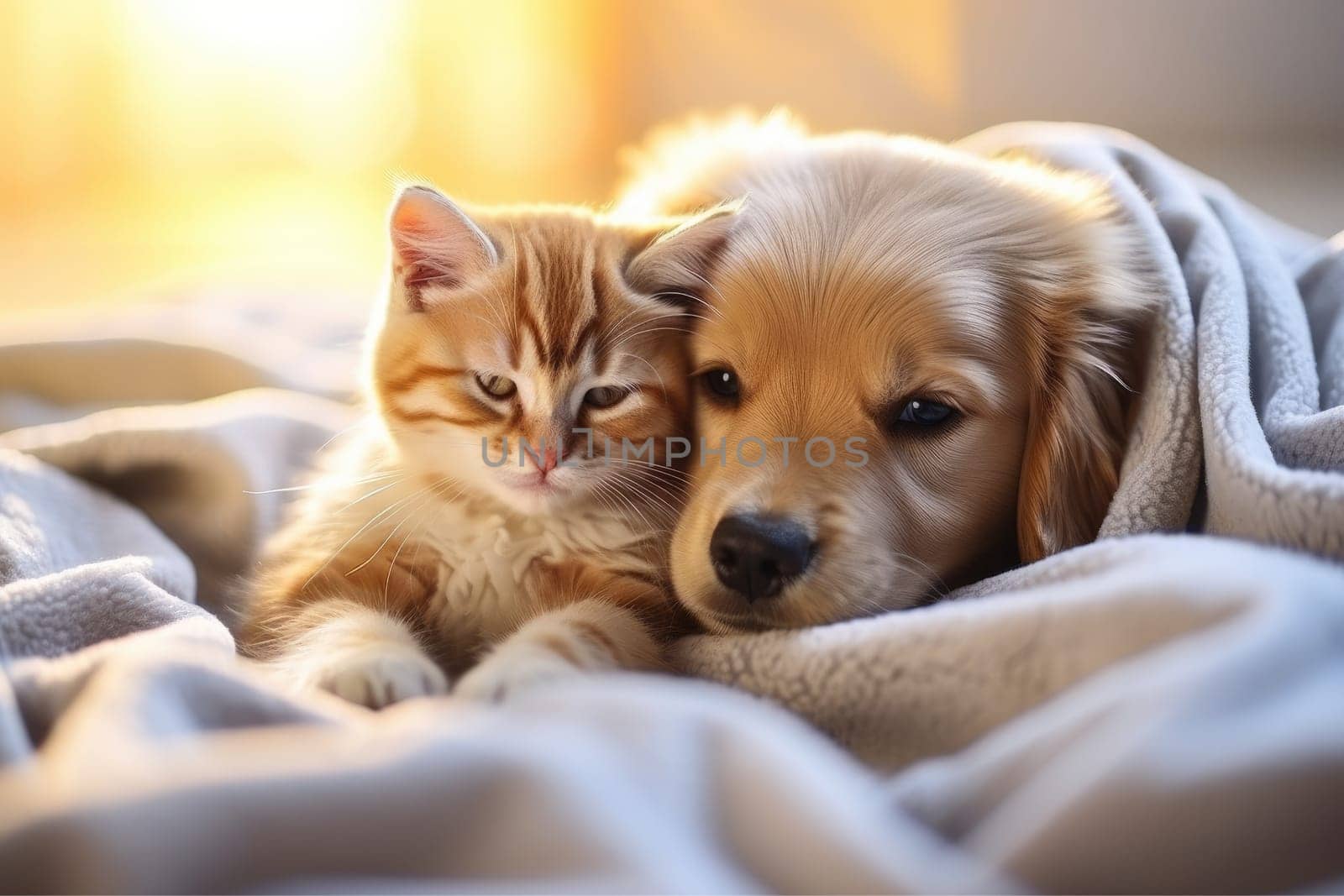 Puppy and kitten, Close up cat and dog together lying Generative AI.