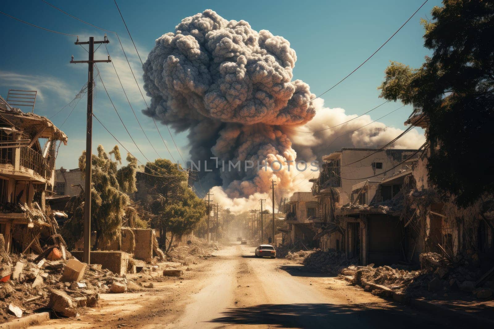 photorealistic image of a bomb explosion in a realistic war zone.