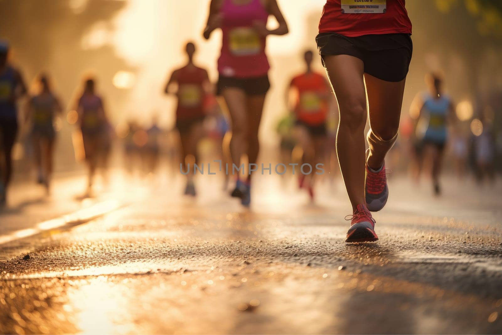 Marathon running in the light of evening, running on city road detail on legs, Athletes.