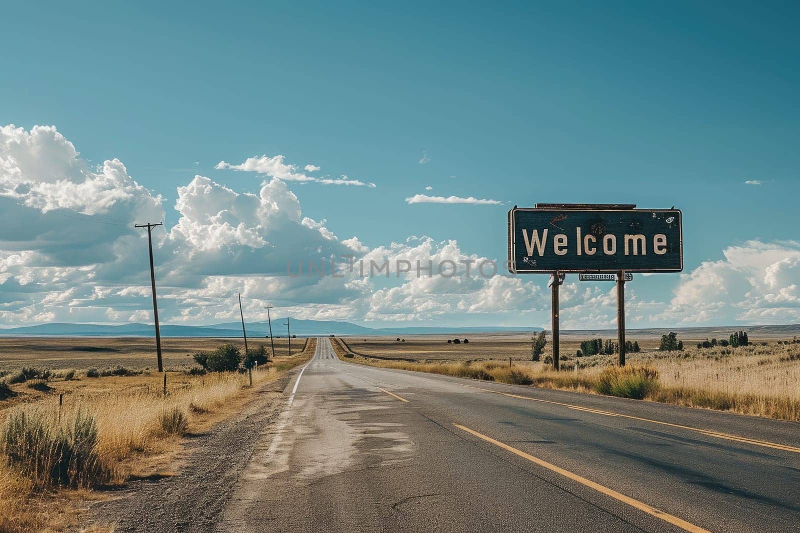 The word Welcome on road sign billboard, Welcome to Highway Road Sign.