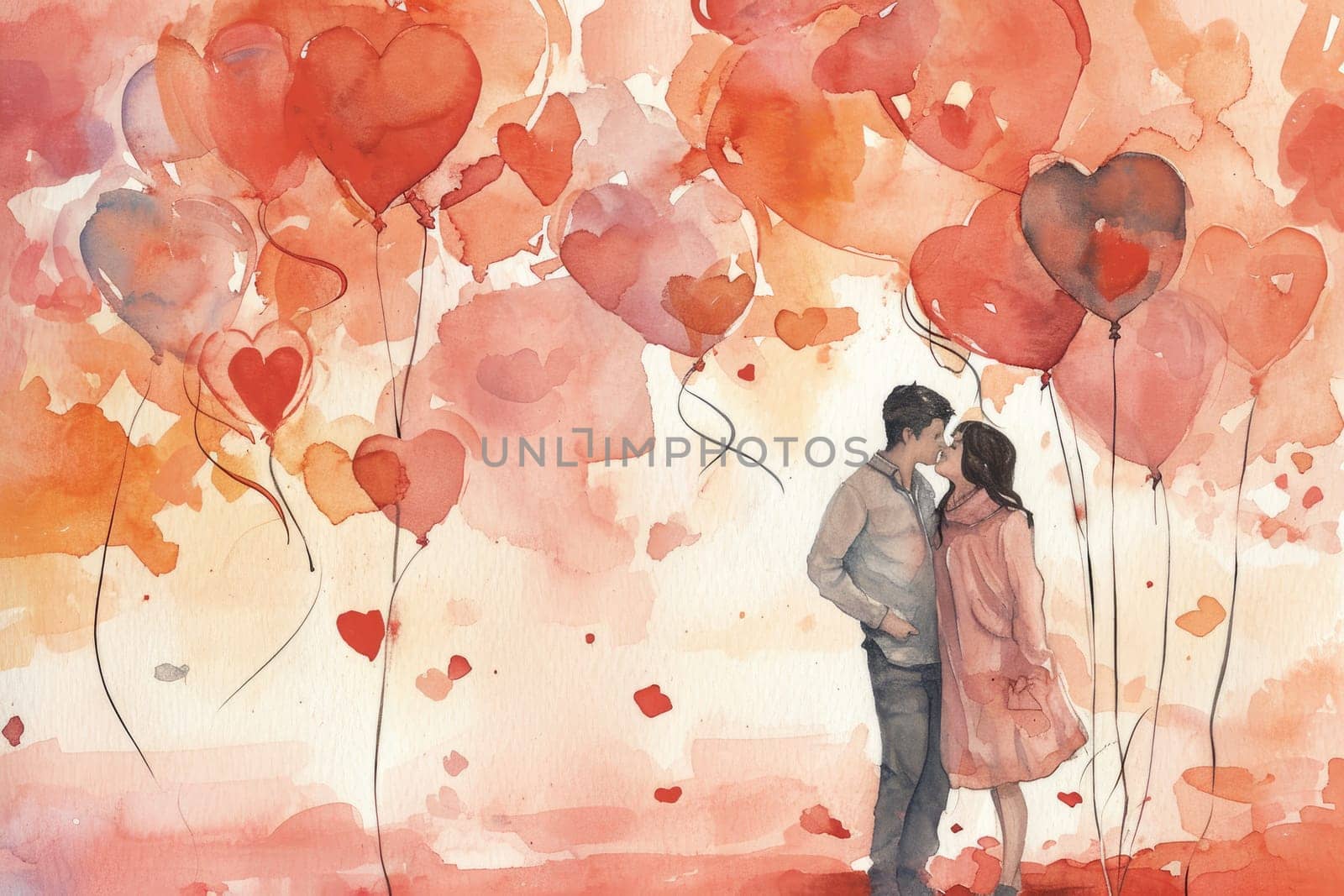 Valentine's Day banner with a watercolor style backdrop with adorable couples and heart balloons.