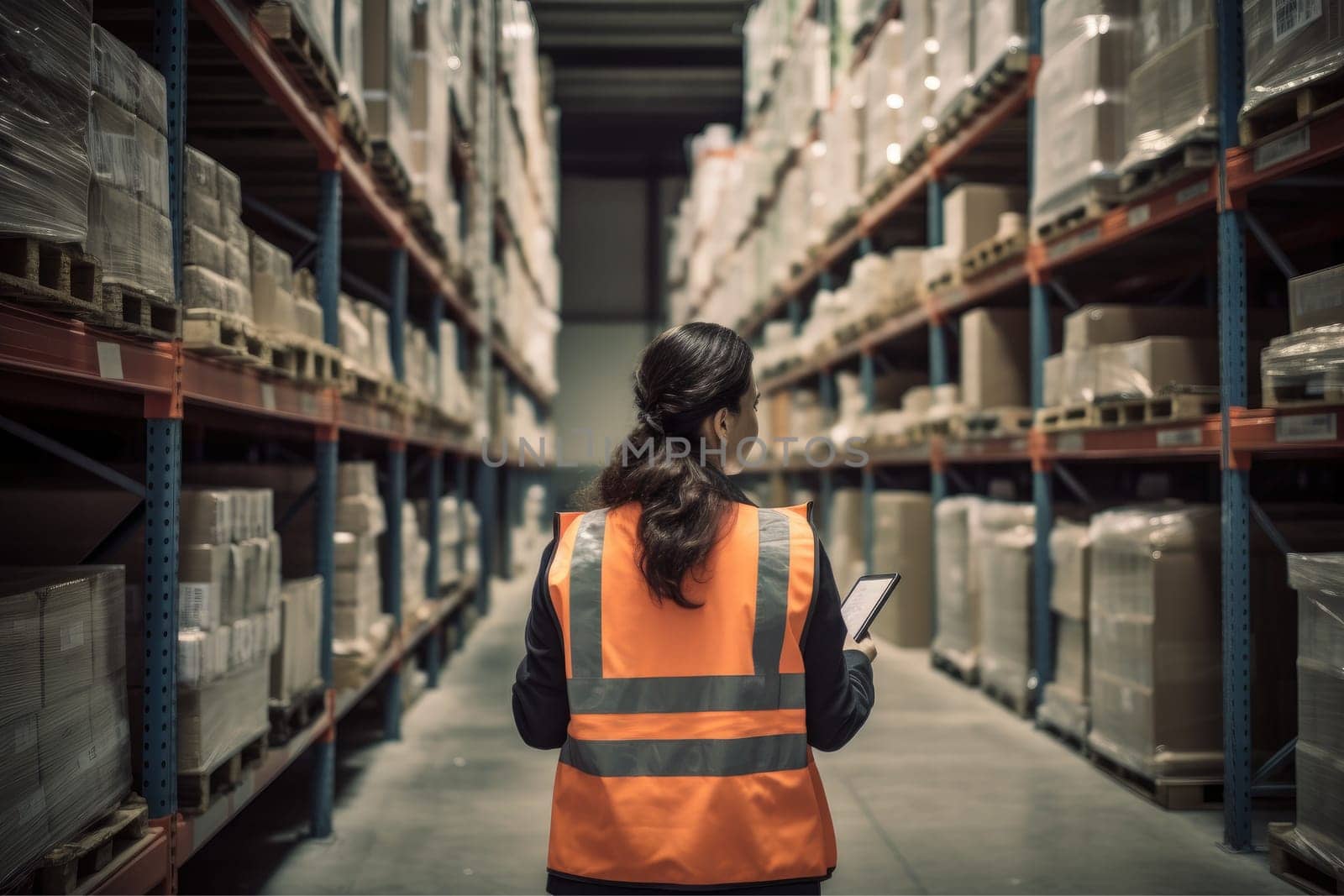 Women in large warehouse taking inventory with tablet, AI Generative.