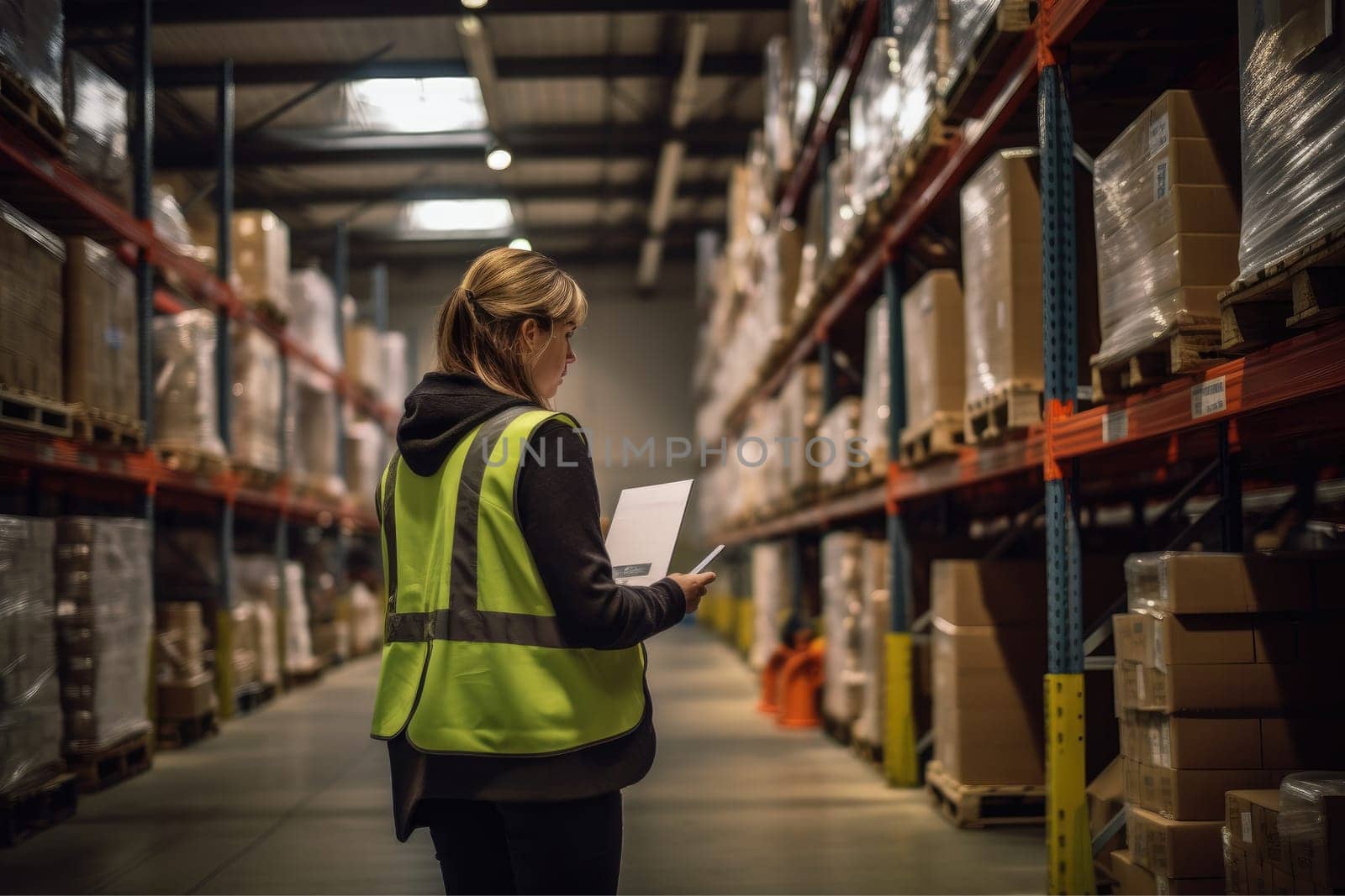 Women in large warehouse taking inventory with tablet, AI Generative by nijieimu