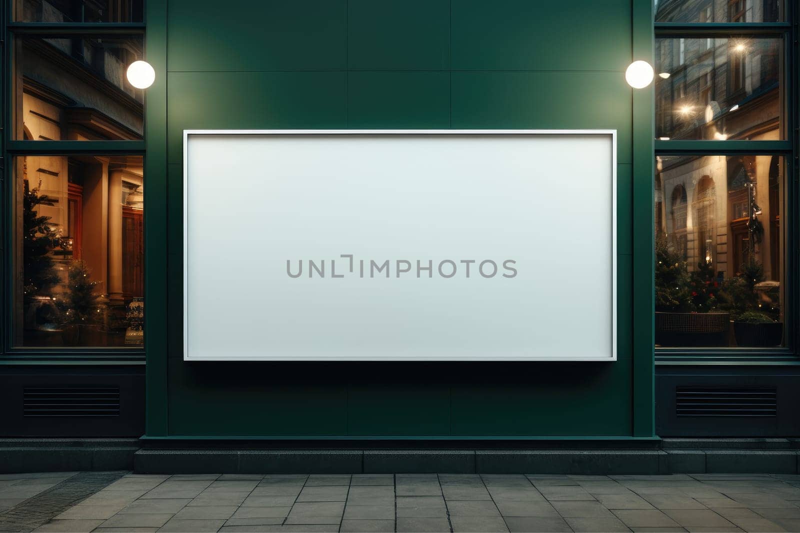 A mock up photo of an empty white sign hanging on a store front Generative AI.