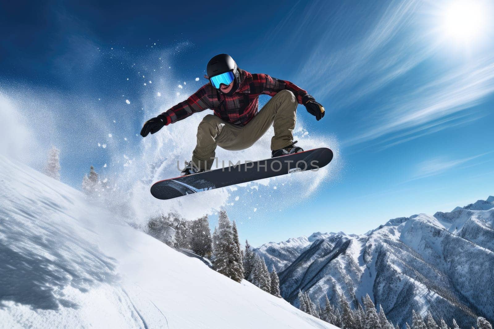 Snowboarder jumping through air with deep blue sky in background. Winter sport background..