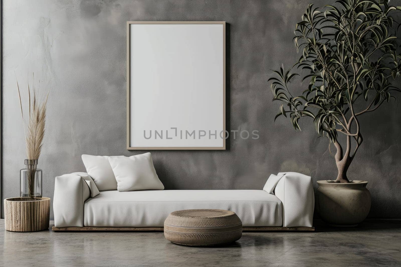 Mock up canvas poster on molding wall in minimal living room.