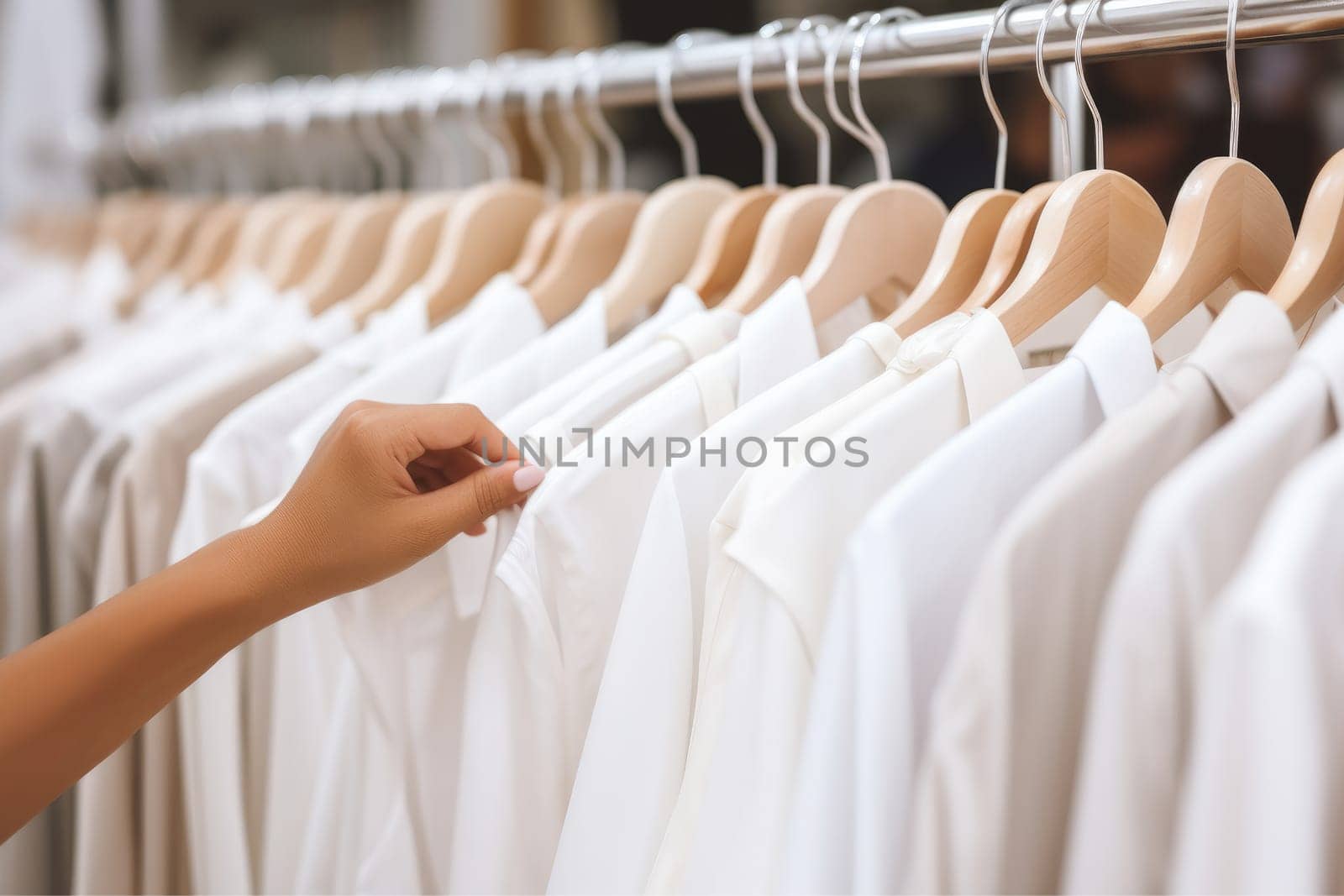 Close up of Female Hands Plucked Hanger Choosing Clothes in a Clothing Store, Generative AI by nijieimu