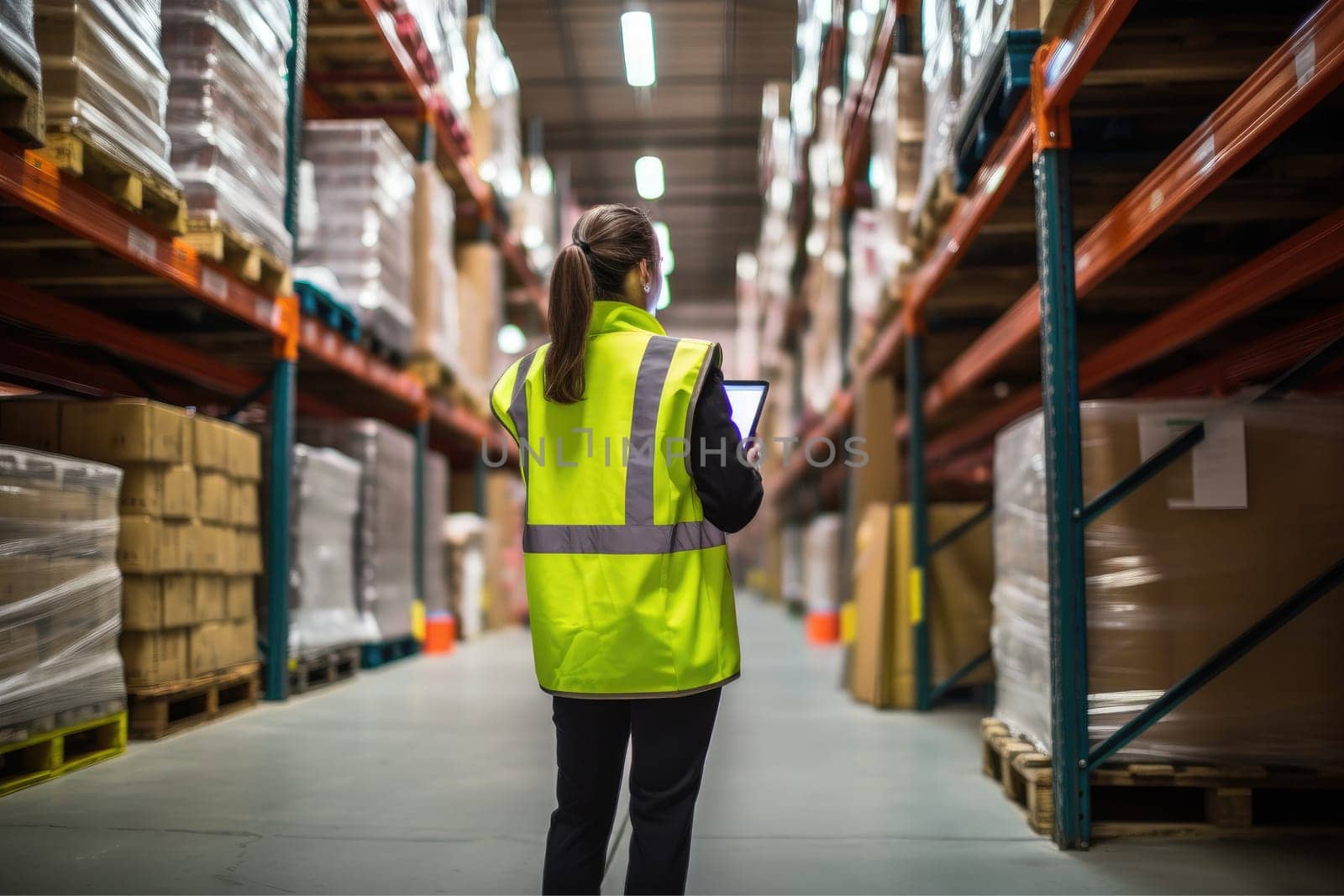 Women in large warehouse taking inventory with tablet, AI Generative by nijieimu