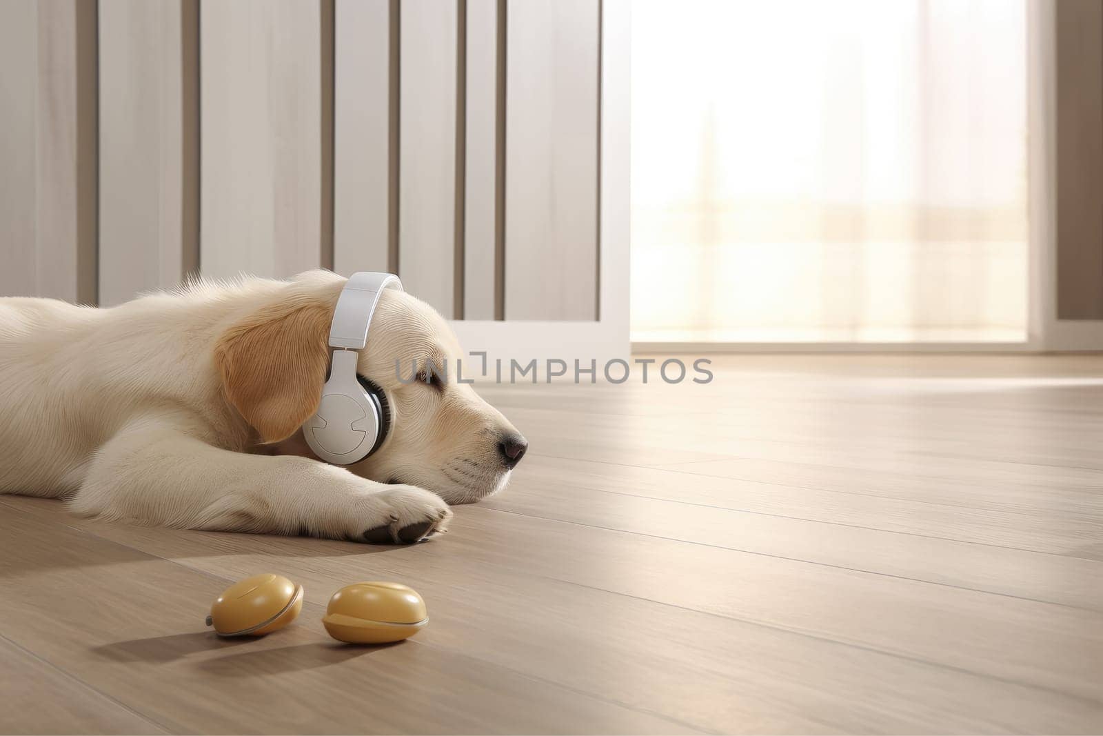 photo of a dog napping wearing earphone, comfortably lying on a floor, AI Generative.