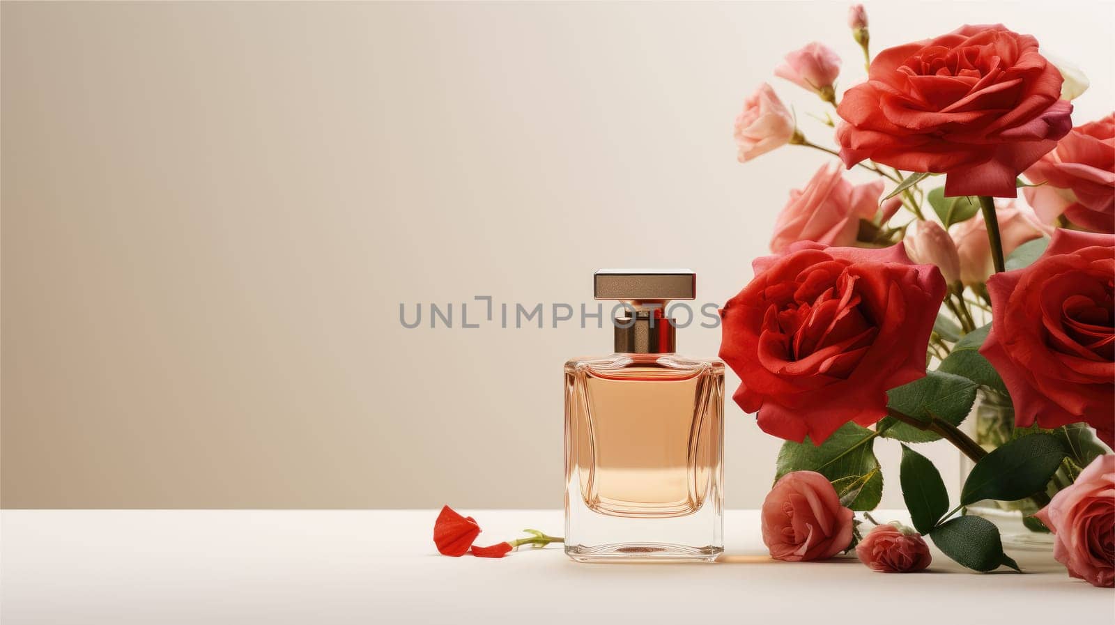 Mockup Perfume bottle with flower minimalism texture photography, Showcase Product, AI Generative.