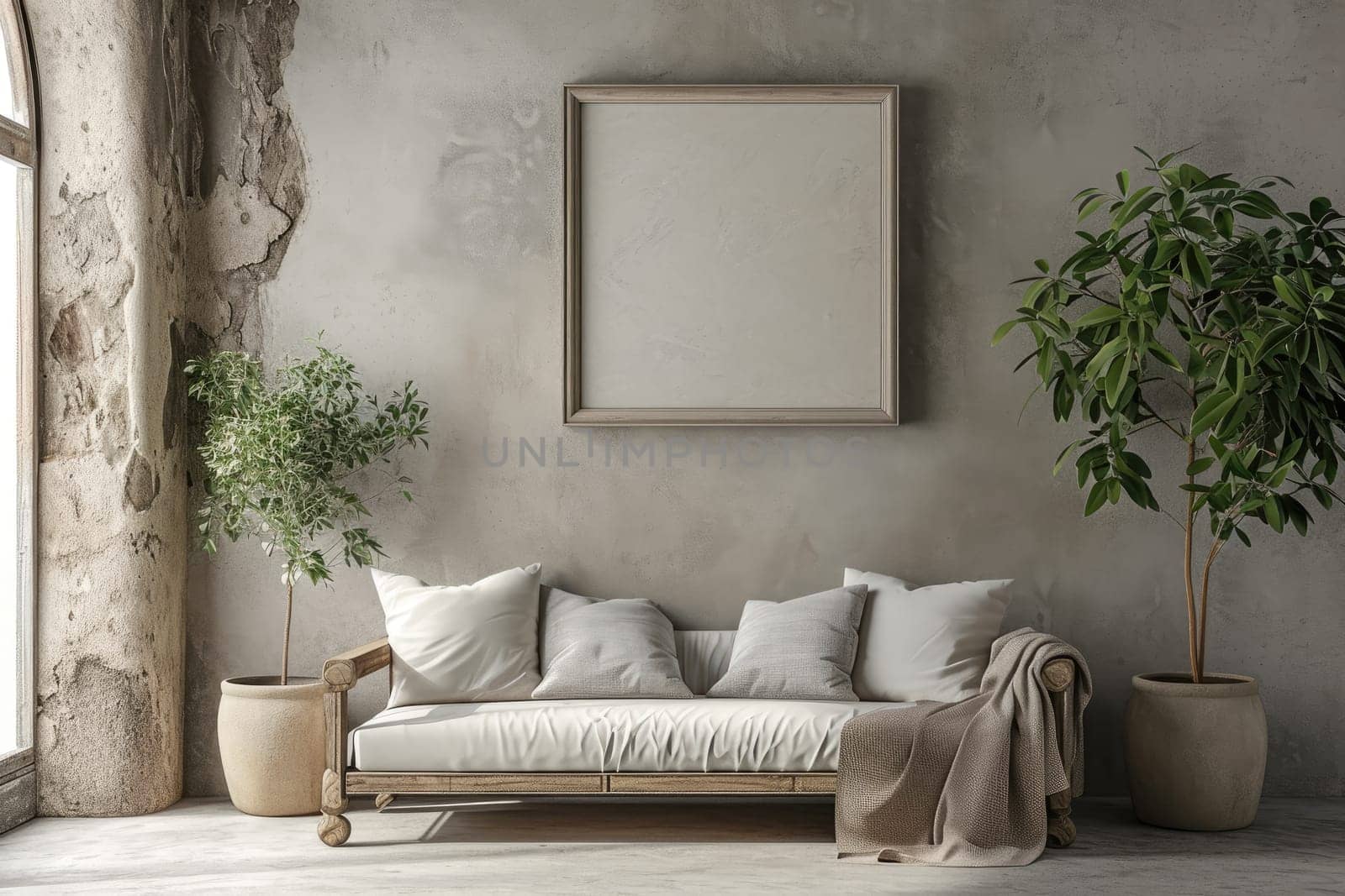 Mock up canvas poster on molding wall in minimal living room.
