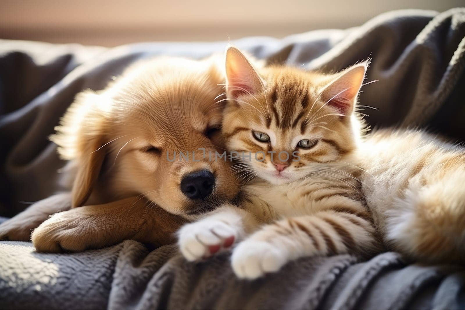 Puppy and kitten, Close up cat and dog together lying Generative AI.