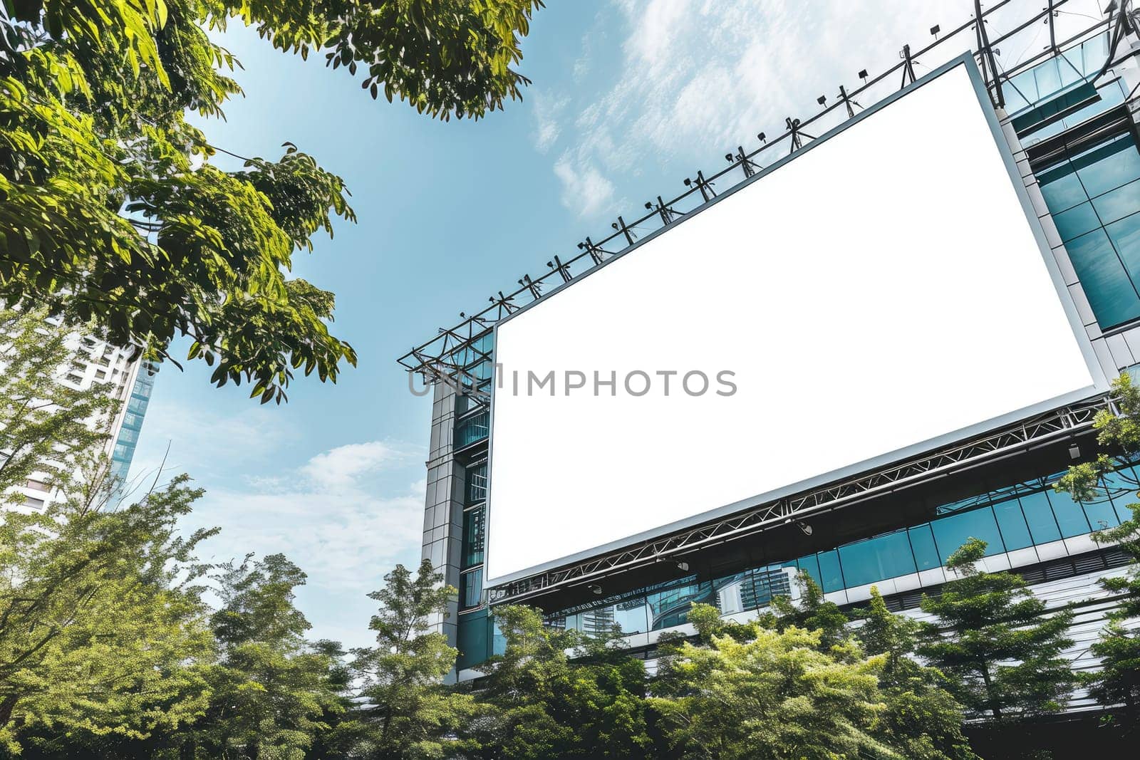 An empty huge poster mockup on the roof of a mall, blank mockup of an outdoor info banner.