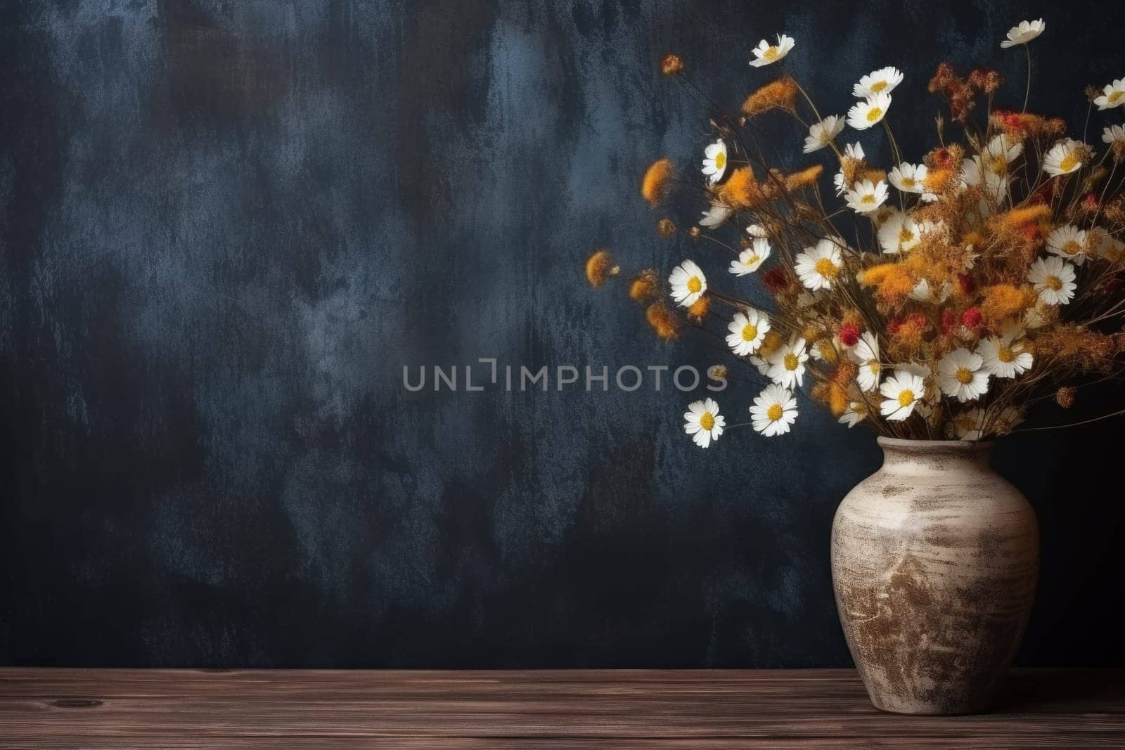 Vase of wildflowers on wooden table and pastel wall texture background by nijieimu