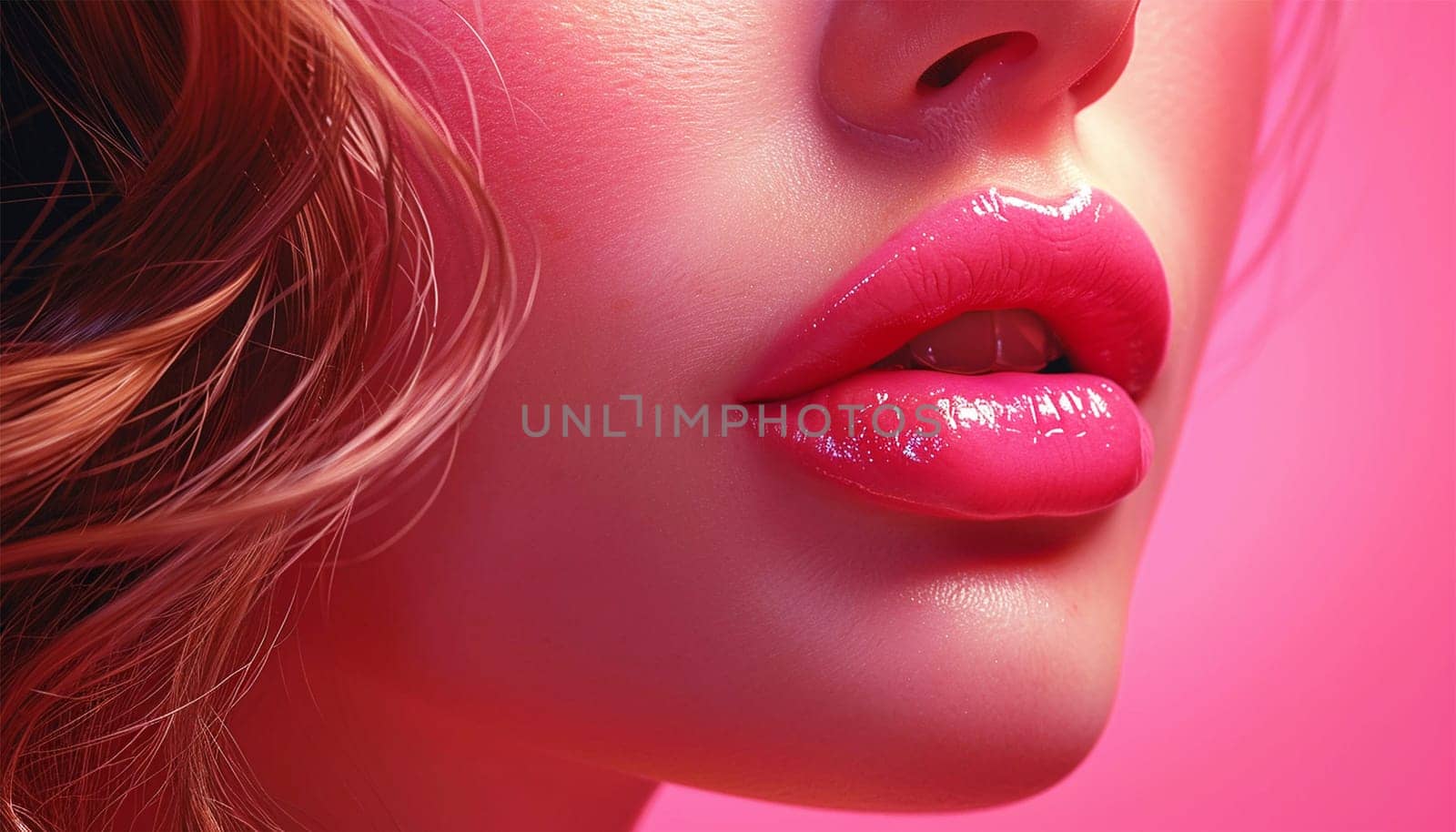Beautiful lips Close-up. Makeup. Lip matte lipstick. Sexy lips. Part of face, young woman close up. perfect plump lips bodily lipstick. peach color of lipstick on large lips. Perfect makeup Copy space fashion beauty concept by Annebel146