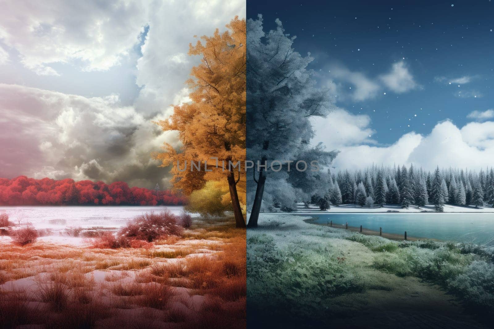 Abstract collage with mixed different sides of tree with changing seasons, Summer vs Winter.